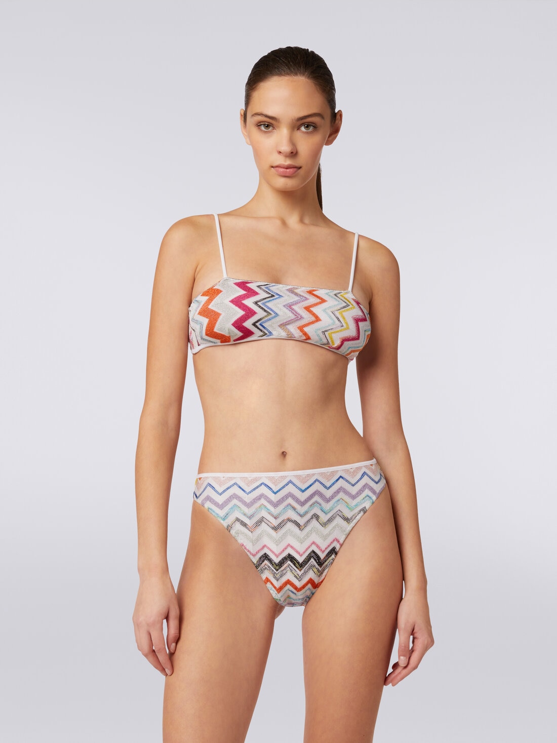 Viscose zigzag bikini with lurex and high-waisted briefs, Multicoloured  - MS24SP0MBR00XLSM9DA - 1