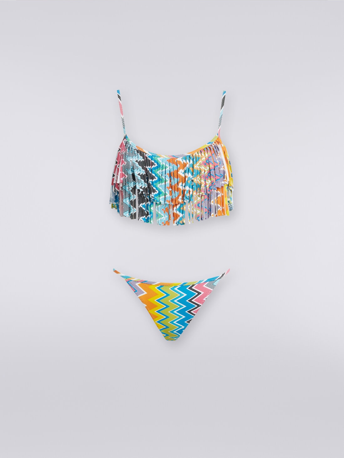 Printed stretch fabric bikini with fringed top, Multicoloured  - MS24SP0UBJ00K5SM9D6 - 0