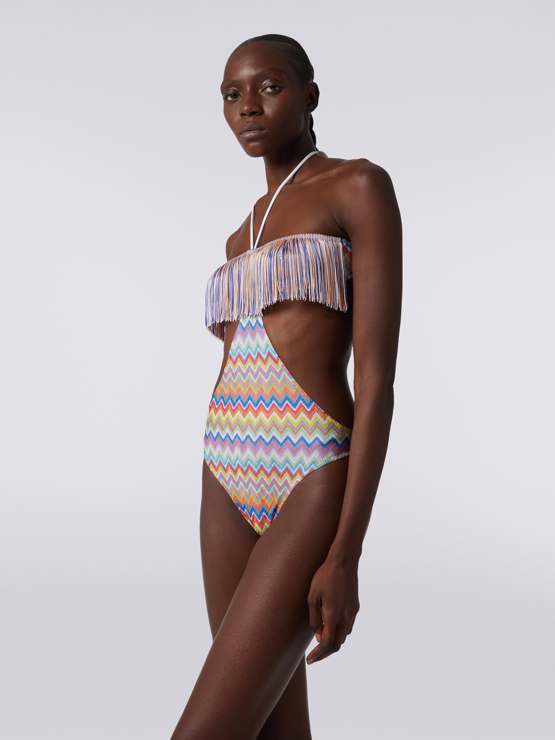 One-piece swimming costume with zigzag print and fringes, Multicoloured  - MS24SP0WBR00XPSM9DM - 2