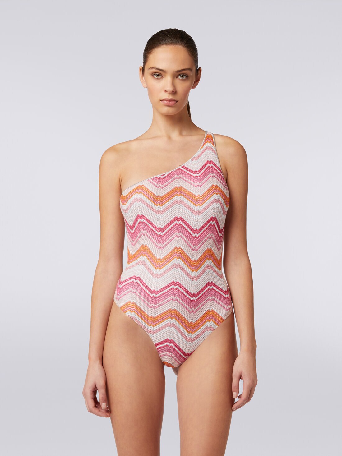 One-shoulder one-piece swimming costume in chevron crochet with lurex, Pink   - MS24SP0YBR00XKS30DC - 1