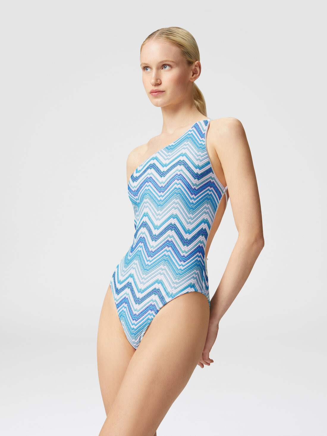 One-shoulder one-piece swimming costume in chevron crochet with lurex, Blue - MS24SP0YBR00XKS72G5 - 2