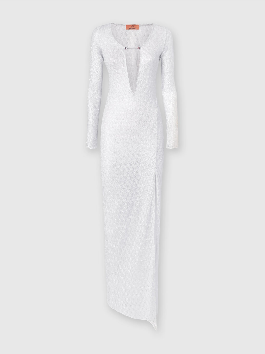 Langes Kleid in Spitzenoptik mit V-Ausschnitt und Applikationen, Weiß  - MS24SQ01BR00TC14001 - 0