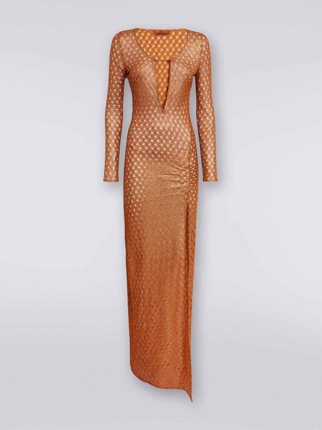 Langes Kleid in Spitzenoptik mit V-Ausschnitt und Applikationen, Braun - MS24SQ01BR00TC71052 - 0