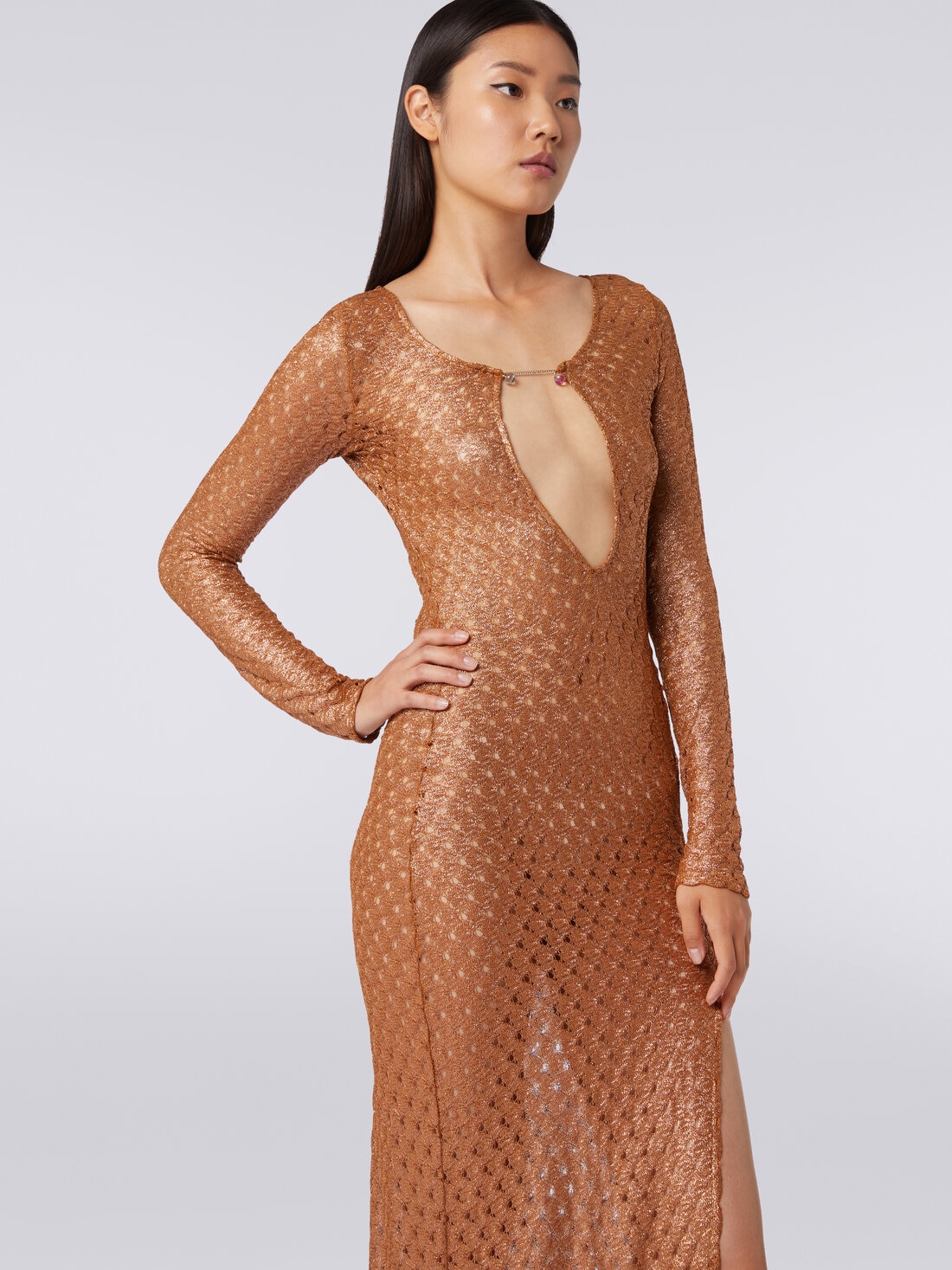 Long lace-effect dress with V neckline and appliqués, Brown - MS24SQ01BR00TC71052 - 4