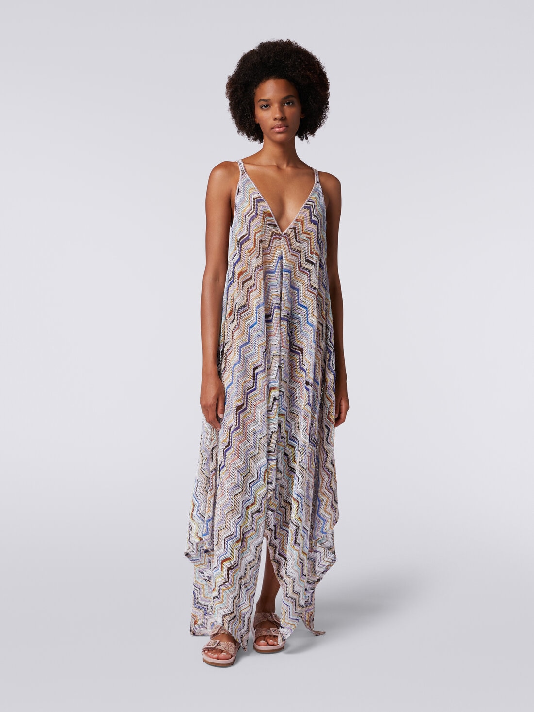 Long cover up in zigzag crochet with lurex, Multicoloured  - MS24SQ0DBR00TISM99J - 1