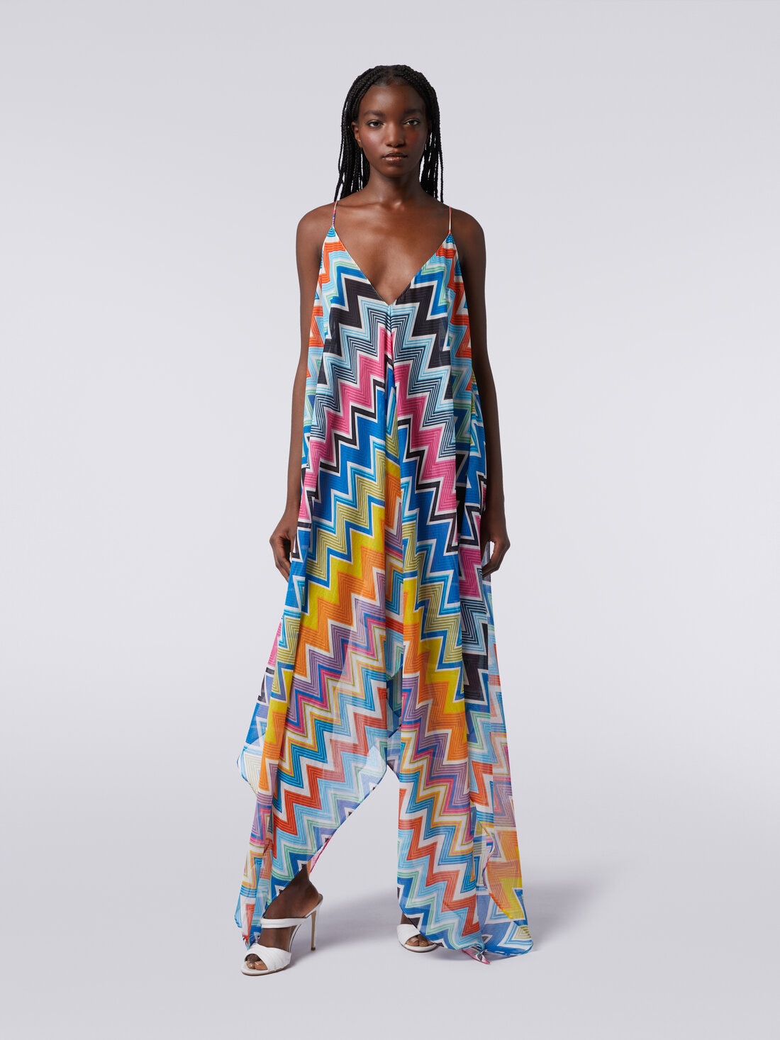 Long cover-up with neck scarf cut in printed cotton and silk, Multicoloured  - MS24SQ0DBW00TFSM9D7 - 1