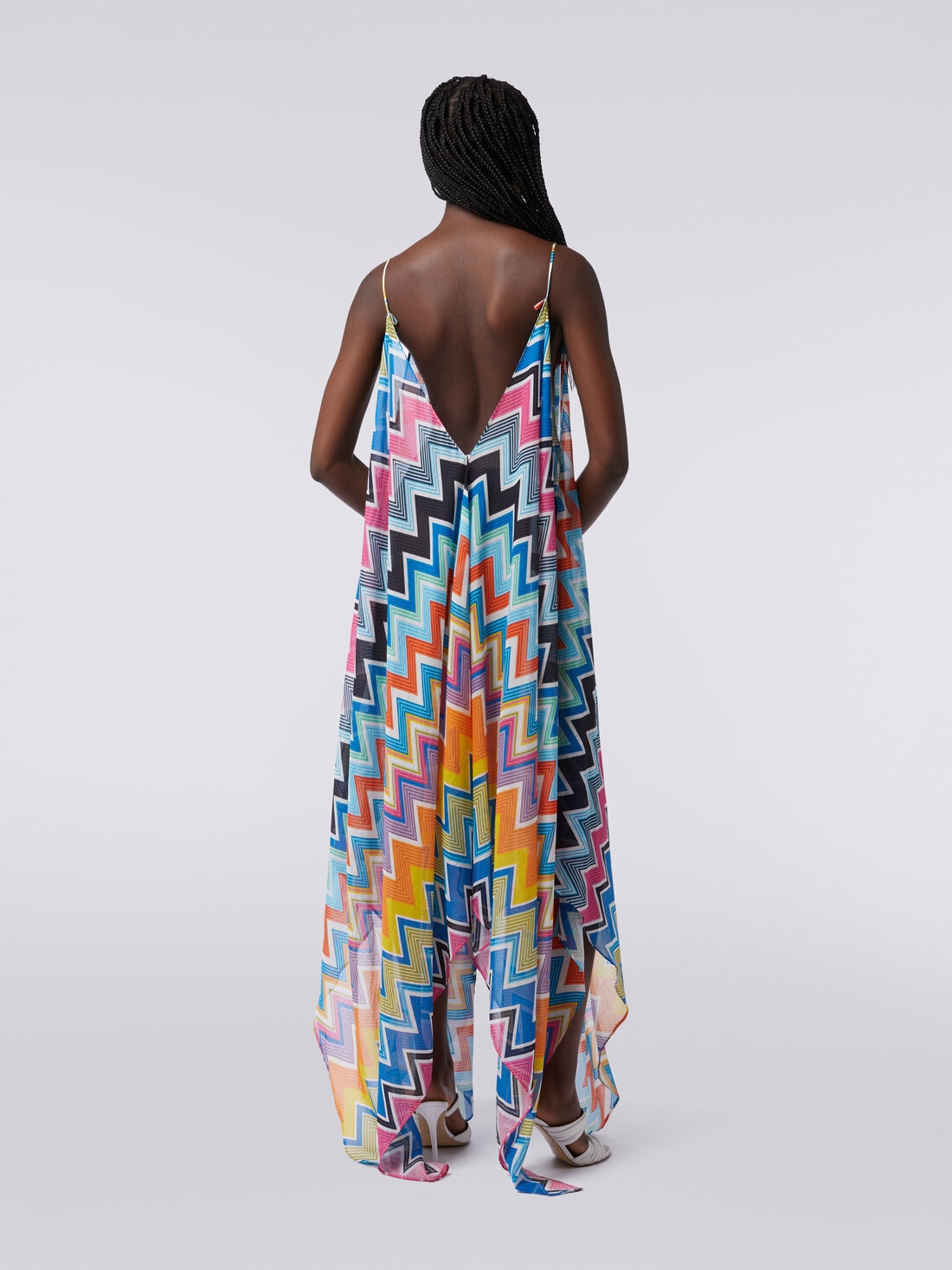 Long cover-up with neck scarf cut in printed cotton and silk, Multicoloured  - MS24SQ0DBW00TFSM9D7 - 3