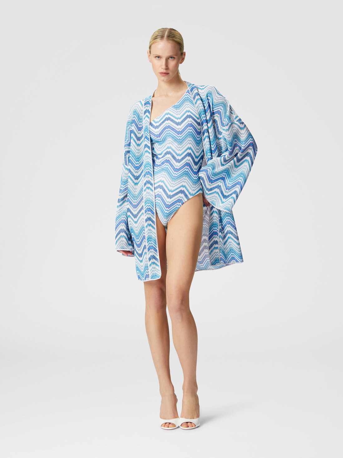 Short dressing gown cover-up in chevron crochet with lurex, Blue - MS24SQ0EBR00XKS72G5 - 1