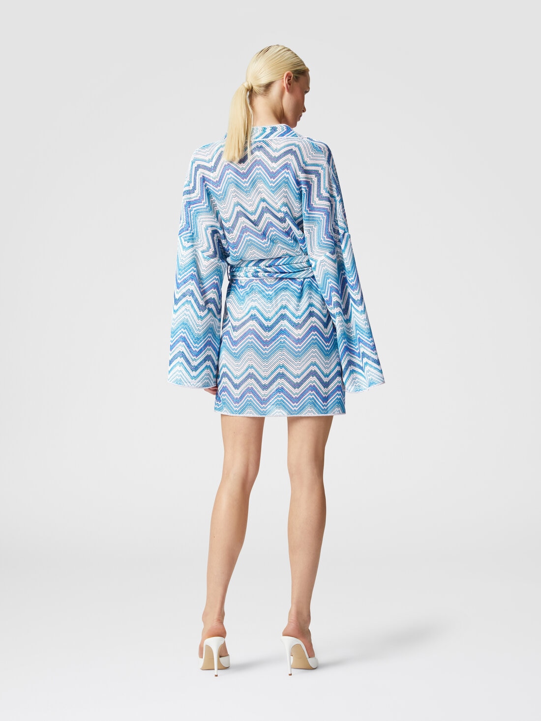 Short dressing gown cover-up in chevron crochet with lurex, Blue - MS24SQ0EBR00XKS72G5 - 2