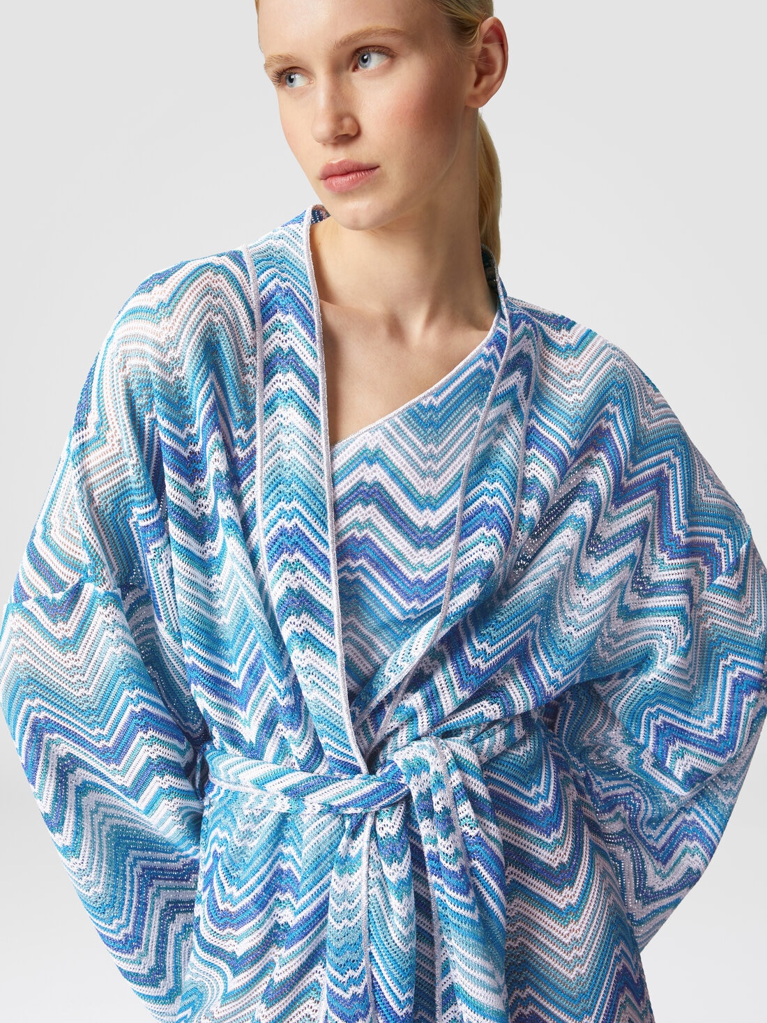 Short dressing gown cover-up in chevron crochet with lurex, Blue - MS24SQ0EBR00XKS72G5 - 3