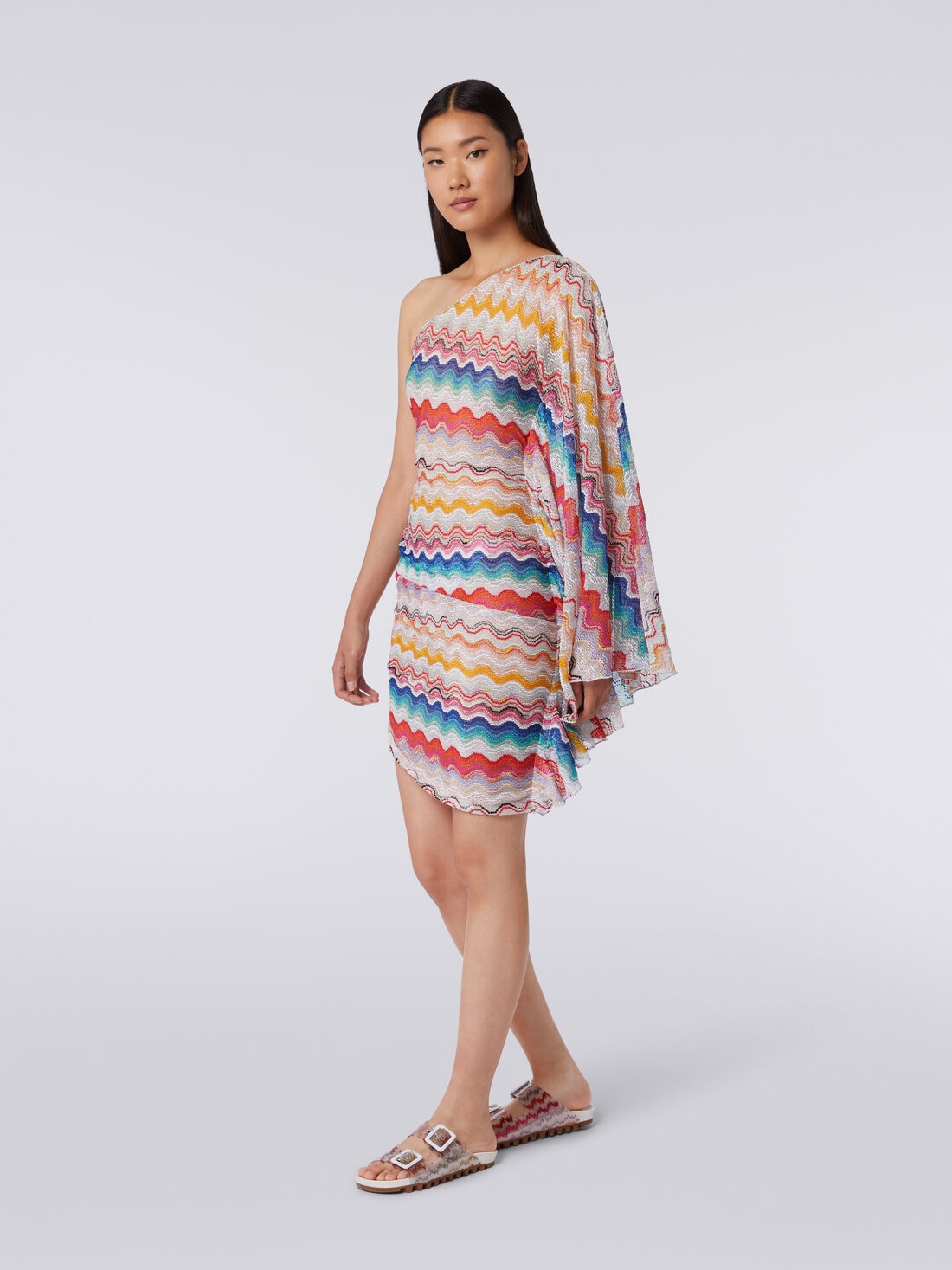 One-shoulder cover up dress in wave motif crochet , Multicoloured  - MS24SQ0JBR00TGSM99H - 2