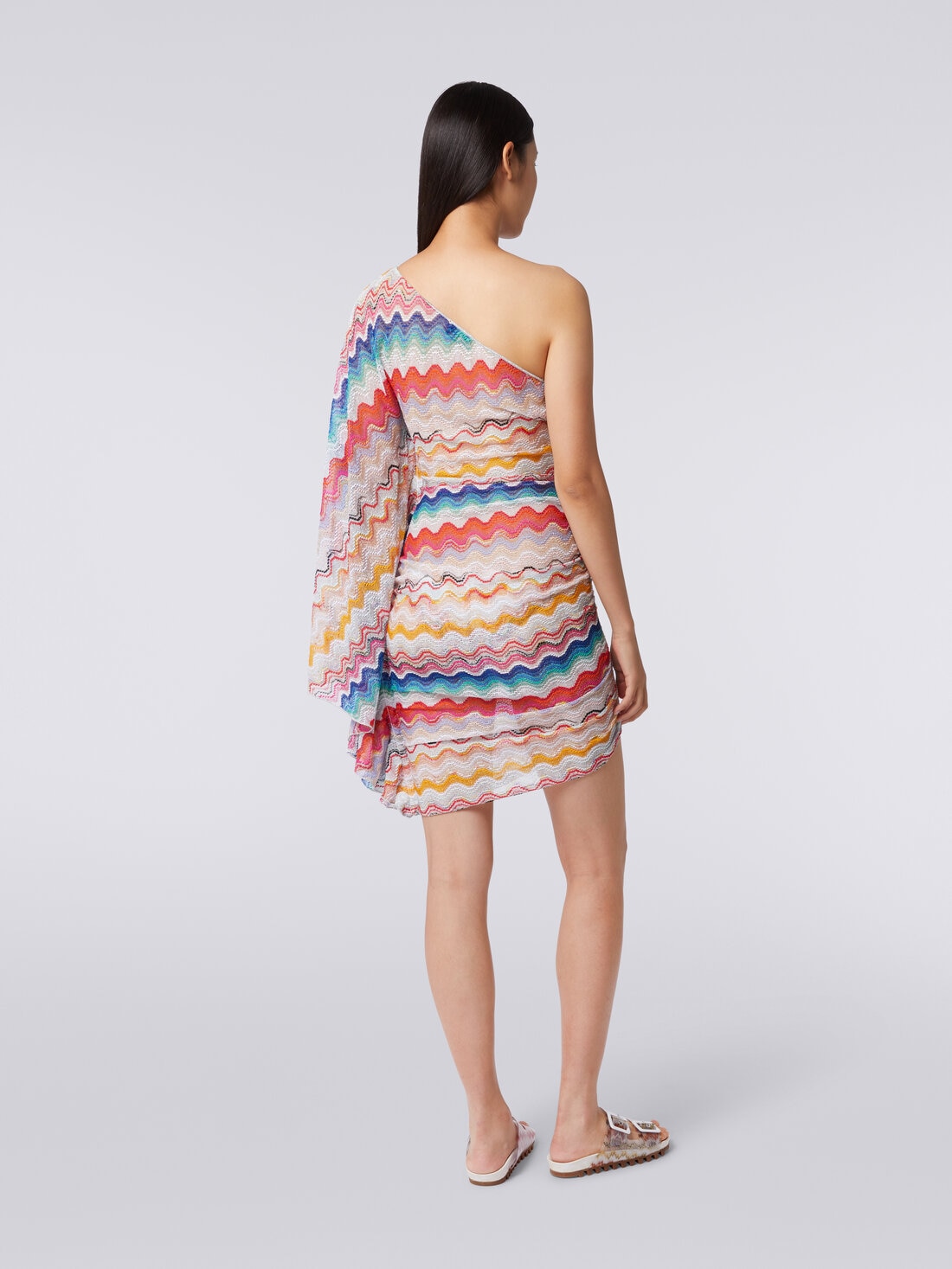 One-shoulder cover up dress in wave motif crochet , Multicoloured  - MS24SQ0JBR00TGSM99H - 3