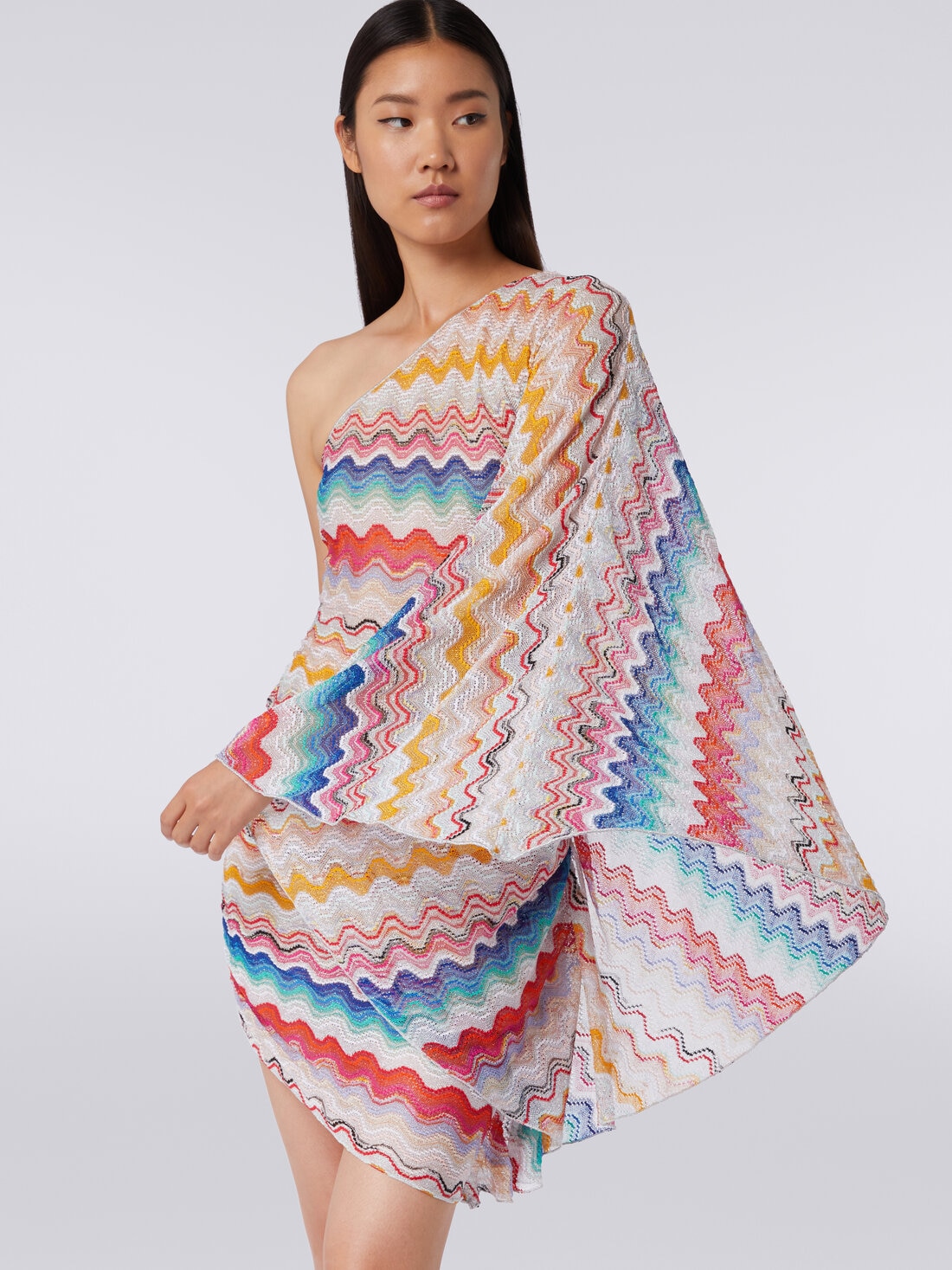 One-shoulder cover up dress in wave motif crochet Multicoloured 