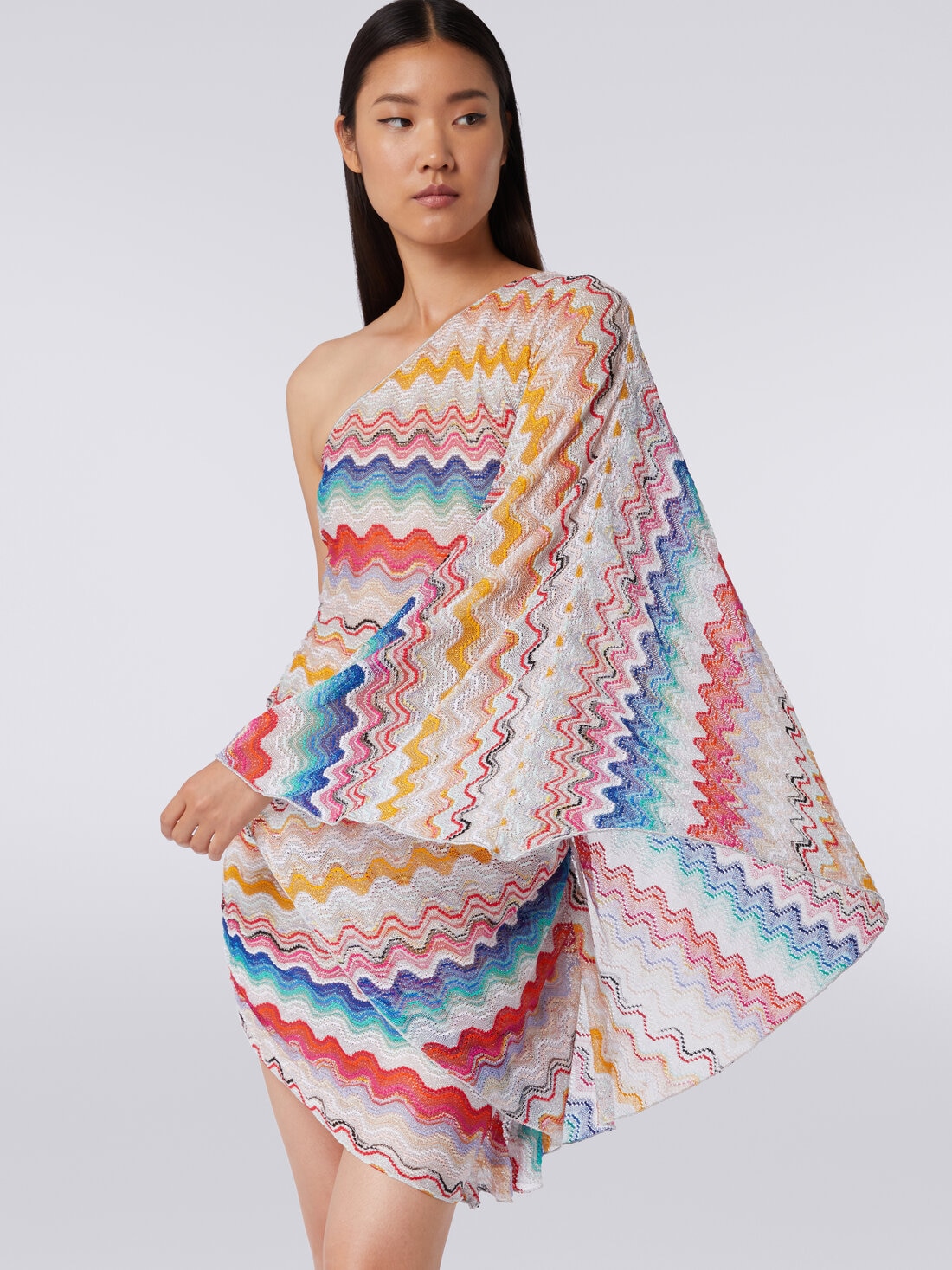 One-shoulder cover up dress in wave motif crochet , Multicoloured  - MS24SQ0JBR00TGSM99H - 4