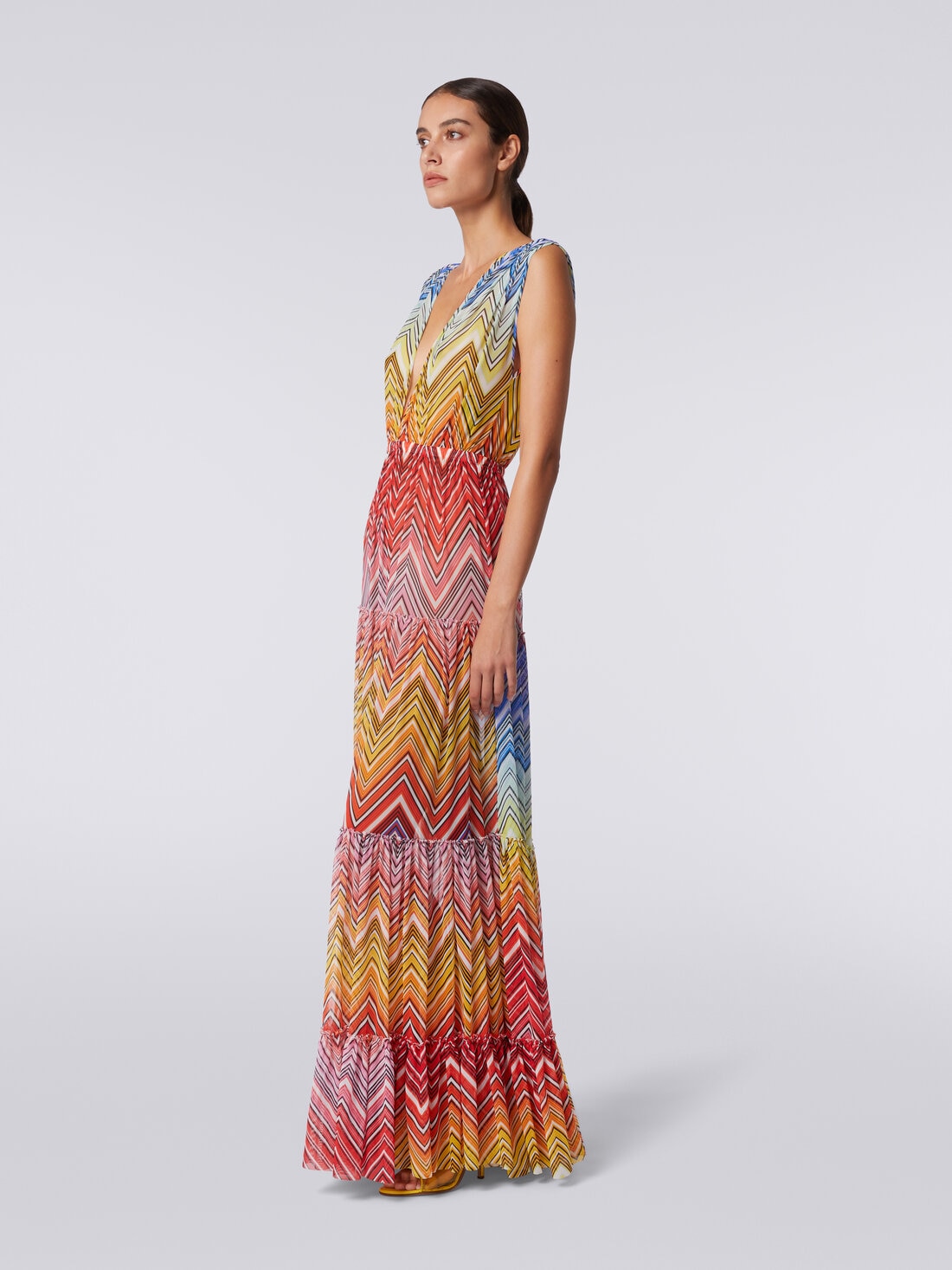 Robe de plage longue en tulle à imprimé zig zag, Multicolore  - MS24SQ0LBJ00HOS4157 - 2