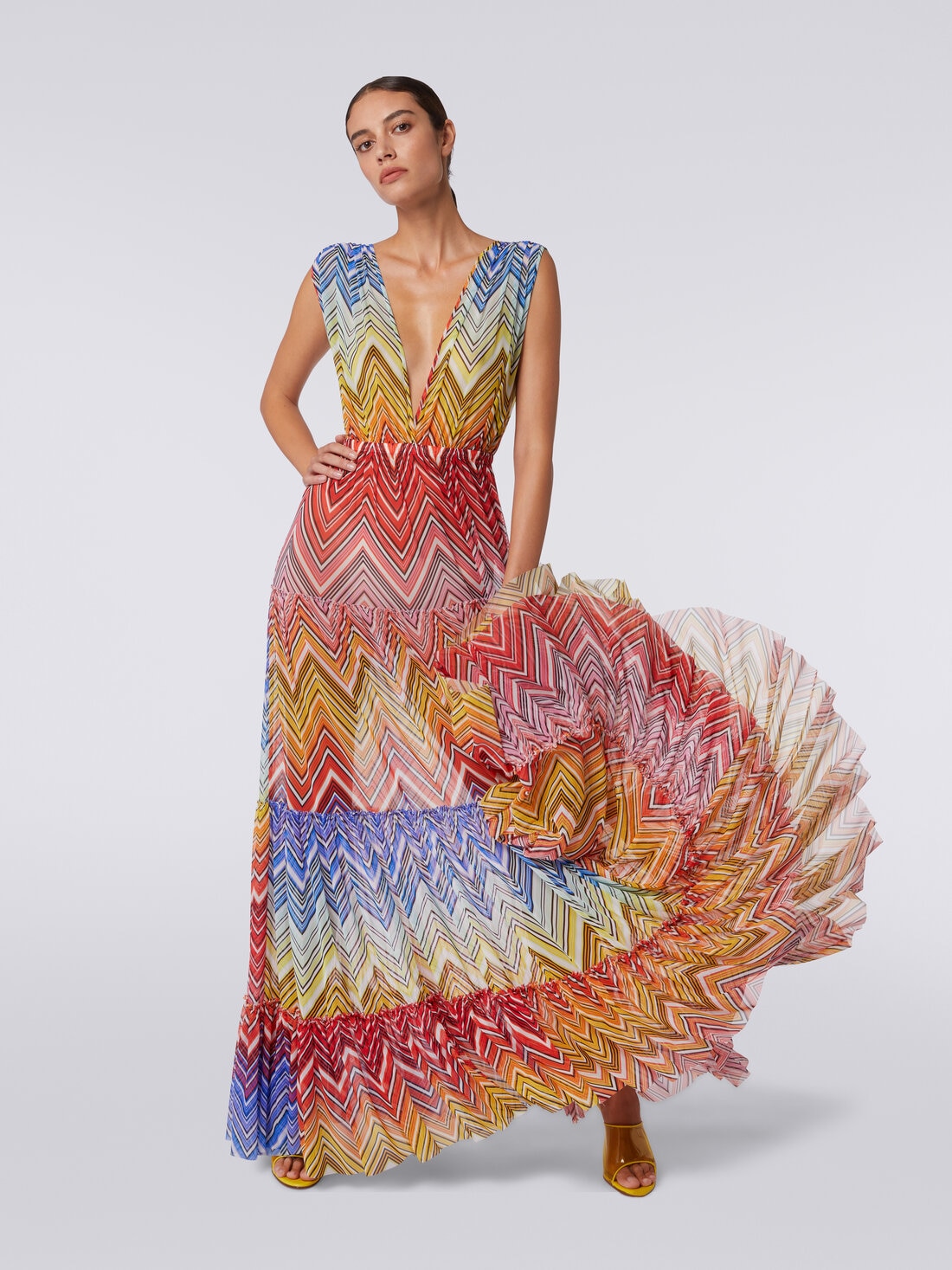 Robe de plage longue en tulle à imprimé zig zag, Multicolore  - MS24SQ0LBJ00HOS4157 - 4