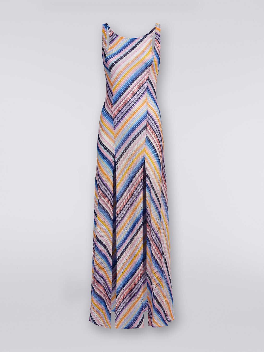 Long cover up dress in striped crochet with slits, Multicoloured  - MS24SQ0UBR00UWS72EC - 0