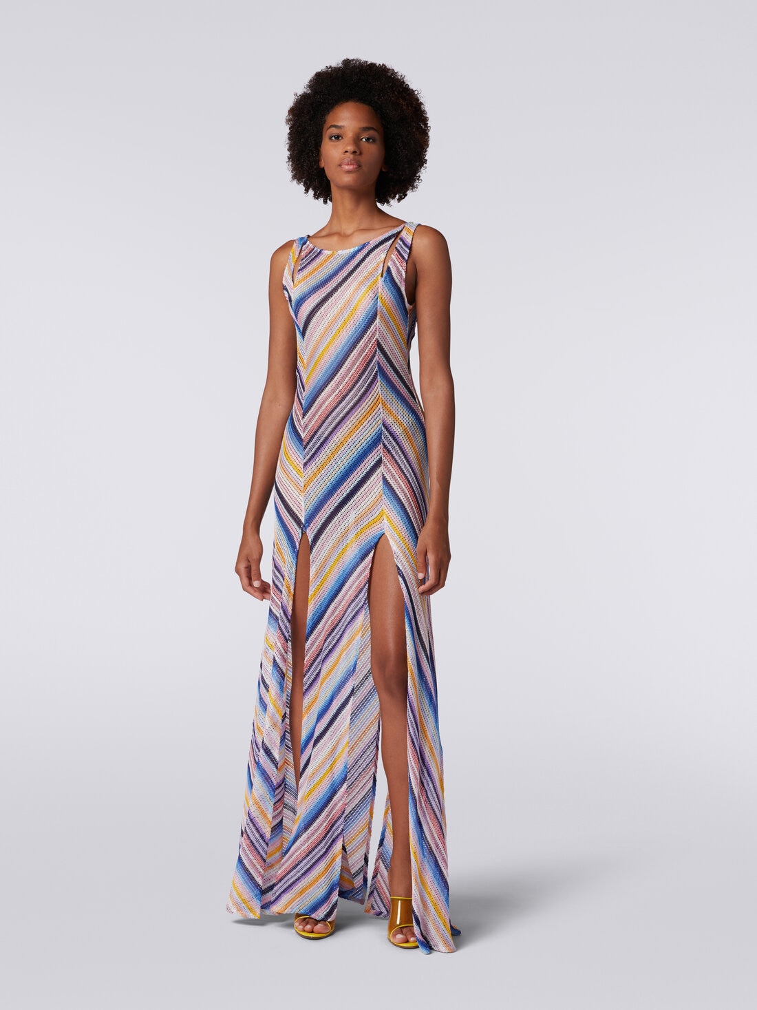 Long cover up dress in striped crochet with slits, Multicoloured  - MS24SQ0UBR00UWS72EC - 1