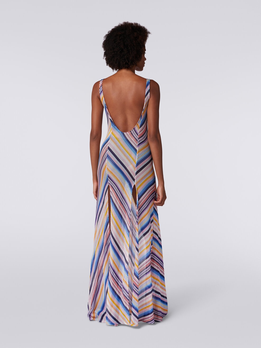 Long cover up dress in striped crochet with slits, Multicoloured  - MS24SQ0UBR00UWS72EC - 3
