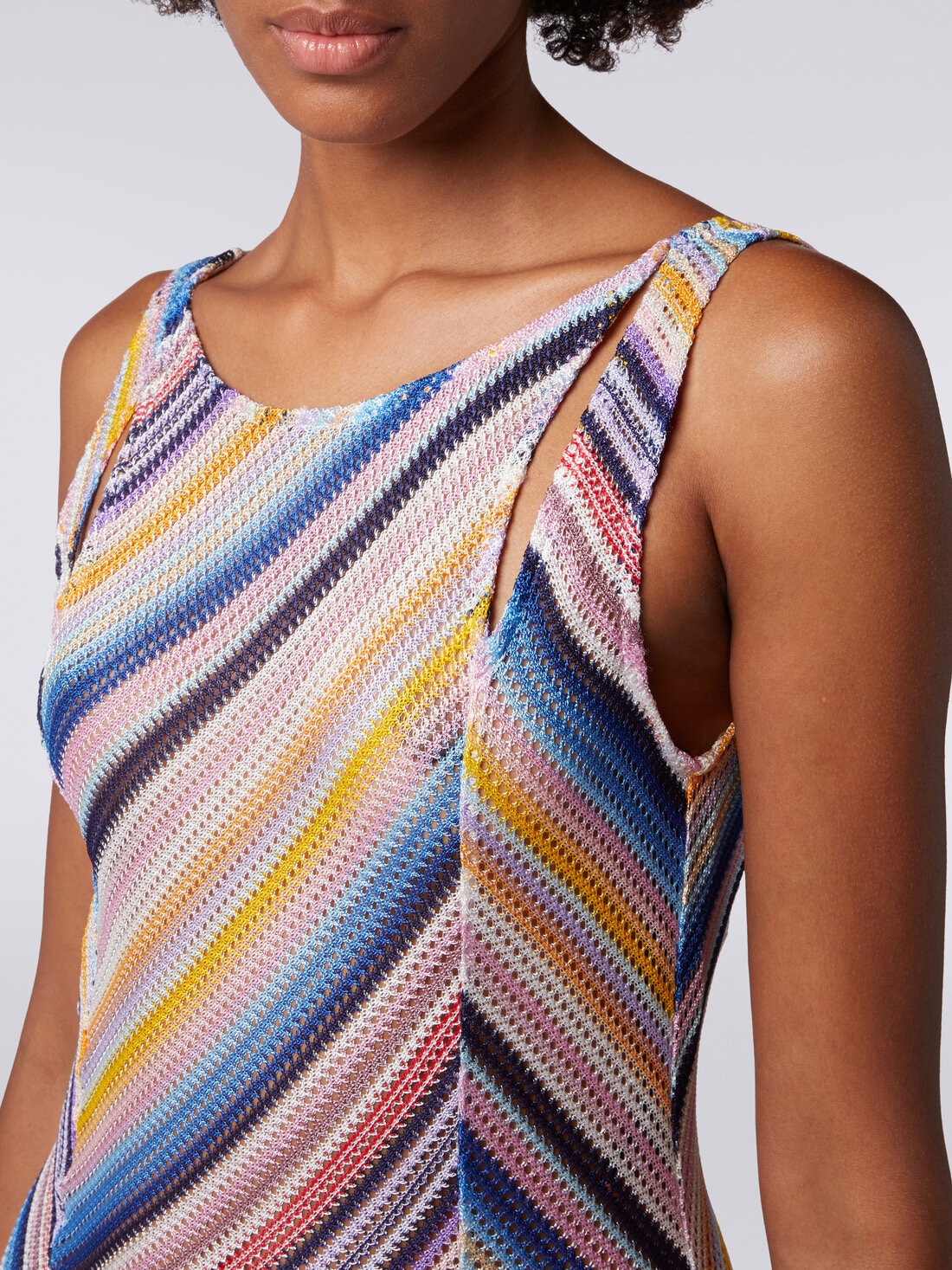 Long cover up dress in striped crochet with slits, Multicoloured  - MS24SQ0UBR00UWS72EC - 4