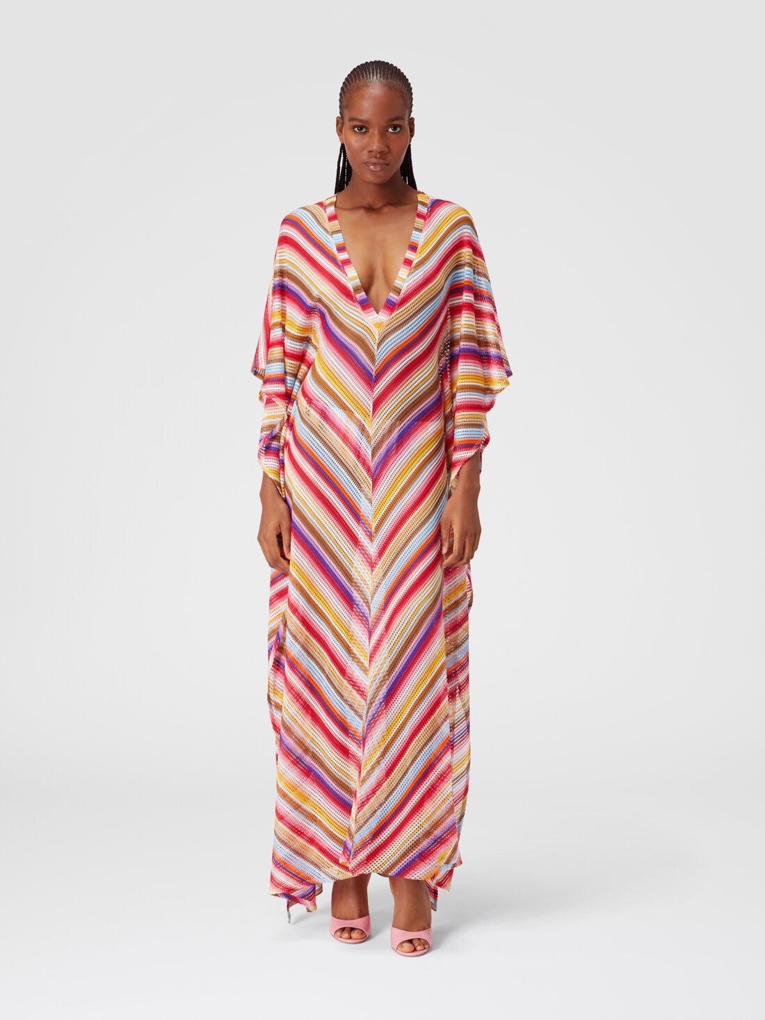 Long cover up kaftan in striped crochet, Multicoloured  - MS24SQ0VBR00UWS4158 - 1