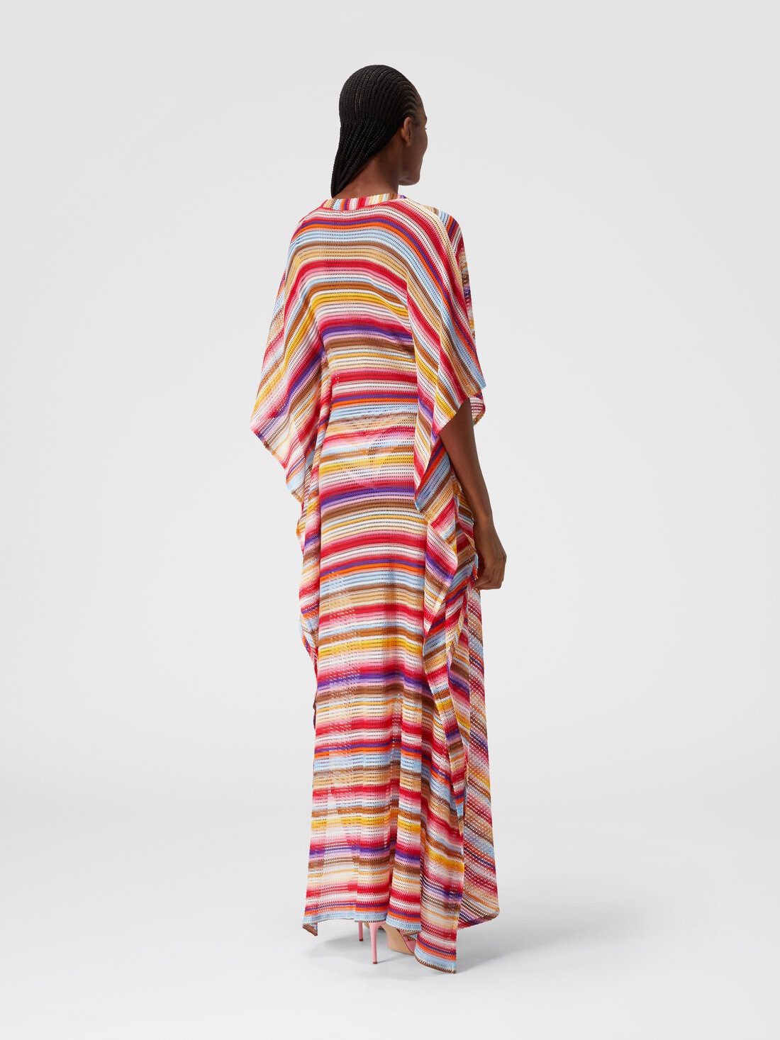 Long cover up kaftan in striped crochet, Multicoloured  - MS24SQ0VBR00UWS4158 - 2