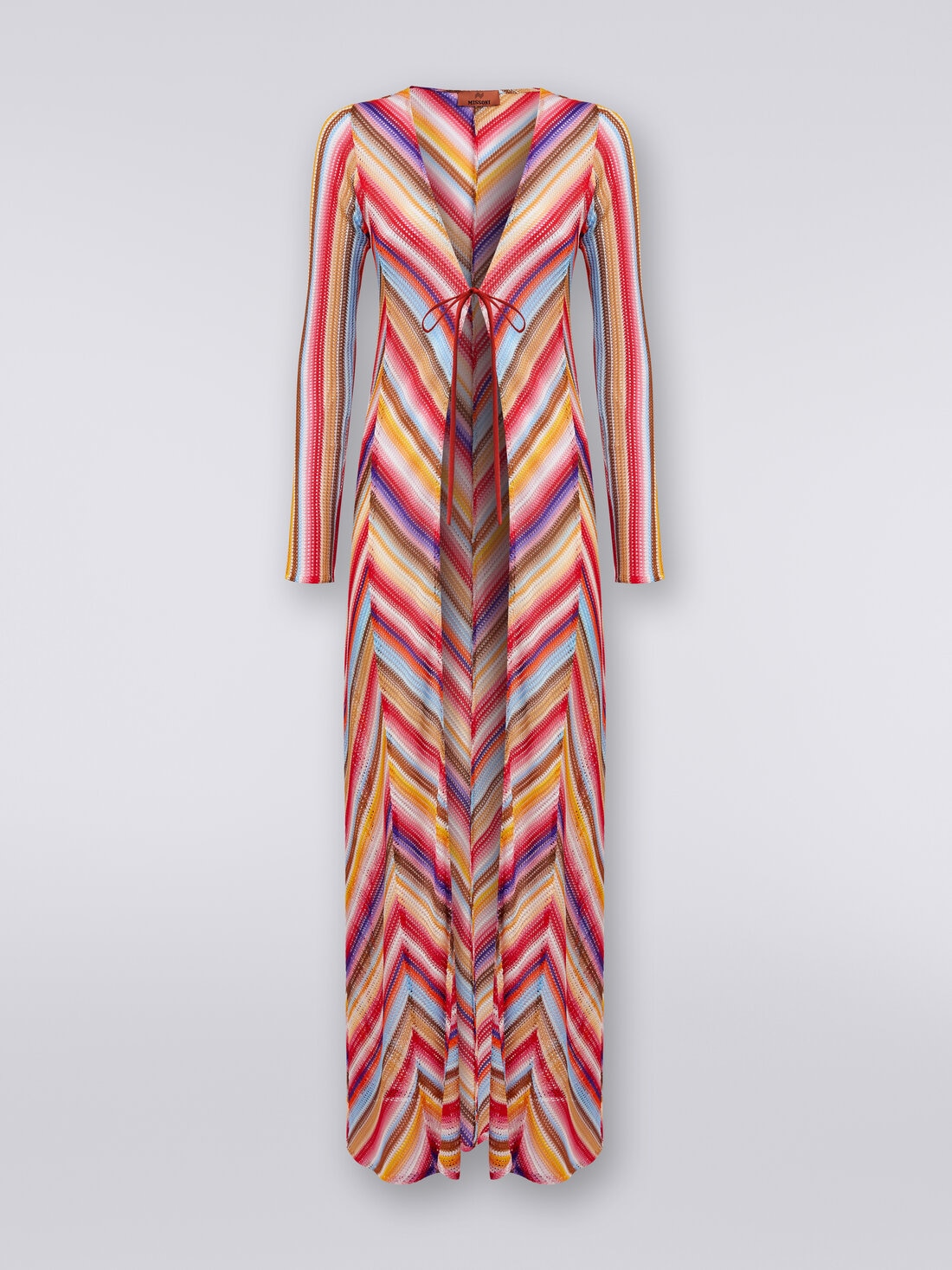 Long cover up cardigan in striped crochet, Multicoloured  - MS24SQ0WBR00UWS4158 - 0