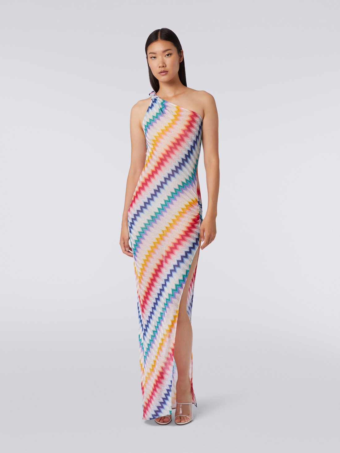 Long one-shoulder cover up with zigzag print, Multicoloured  - MS24SQ11BR00TFSM99G - 1