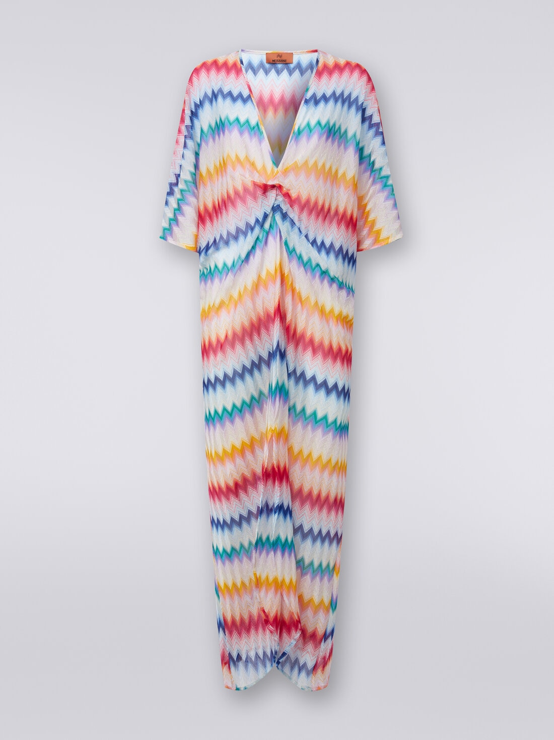 Long cover up kaftan with torchon details and zigzag print, Multicoloured  - MS24SQ12BR00TFSM99G - 0