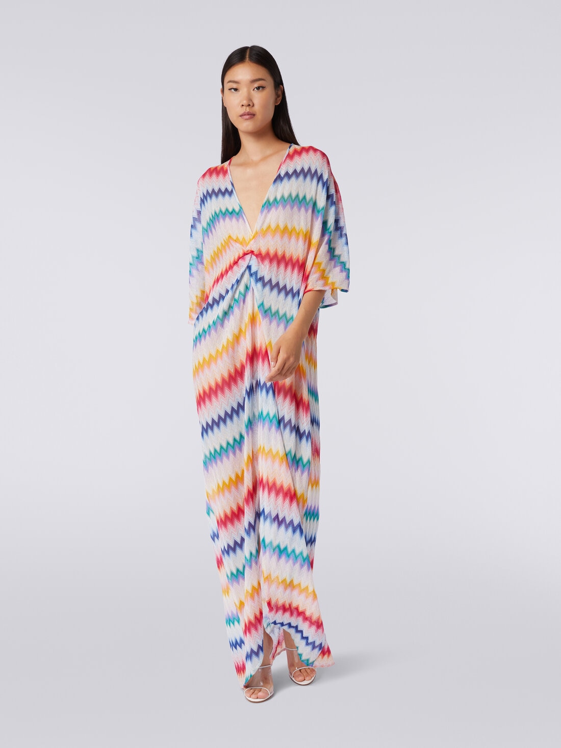 Long cover up kaftan with torchon details and zigzag print, Multicoloured  - MS24SQ12BR00TFSM99G - 1