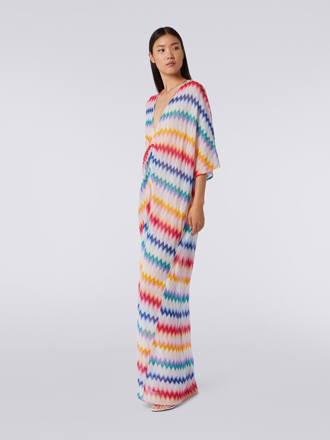 Long cover up kaftan with torchon details and zigzag print, Multicoloured  - MS24SQ12BR00TFSM99G - 2