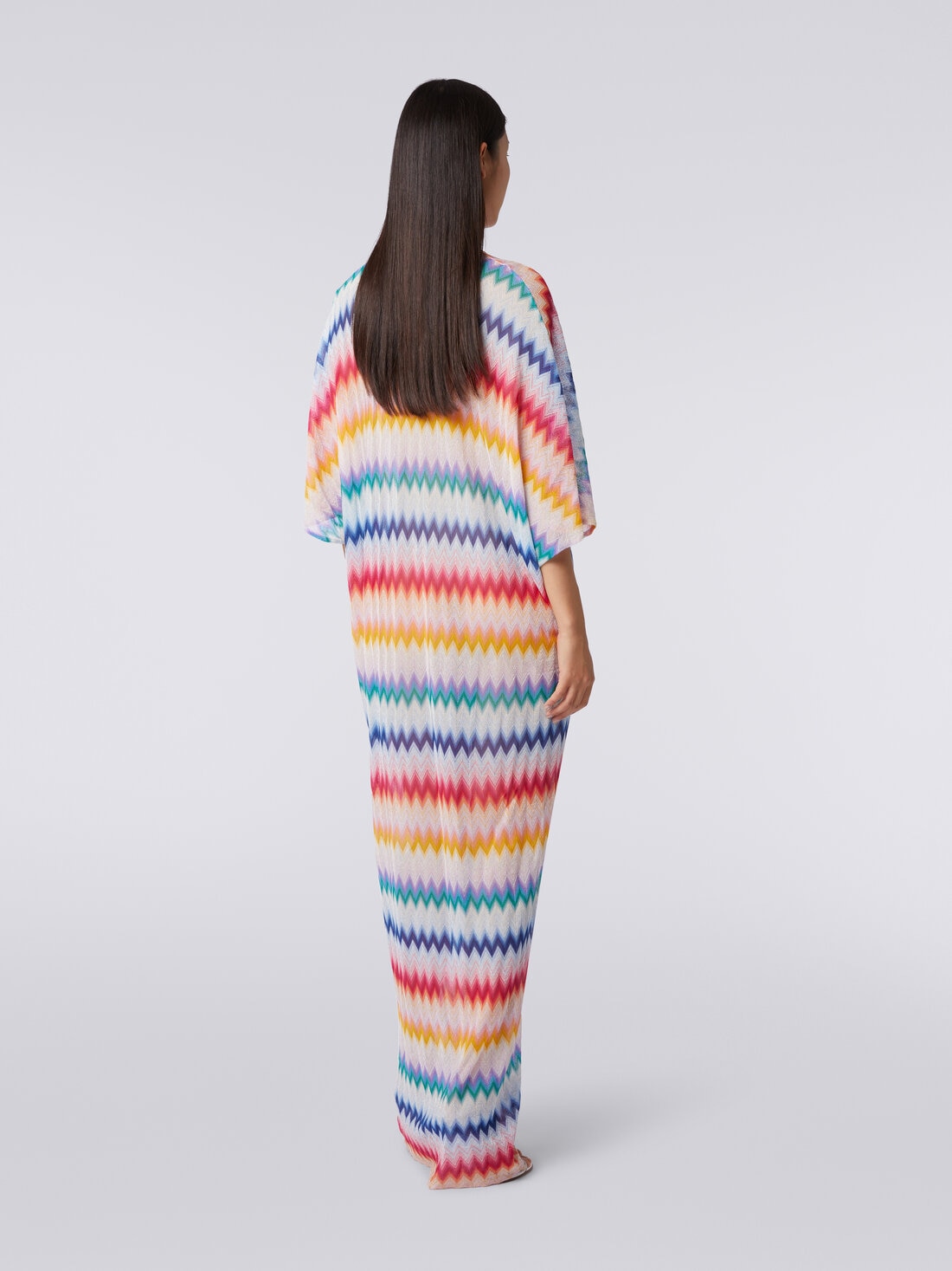 Long cover up kaftan with torchon details and zigzag print, Multicoloured  - MS24SQ12BR00TFSM99G - 3