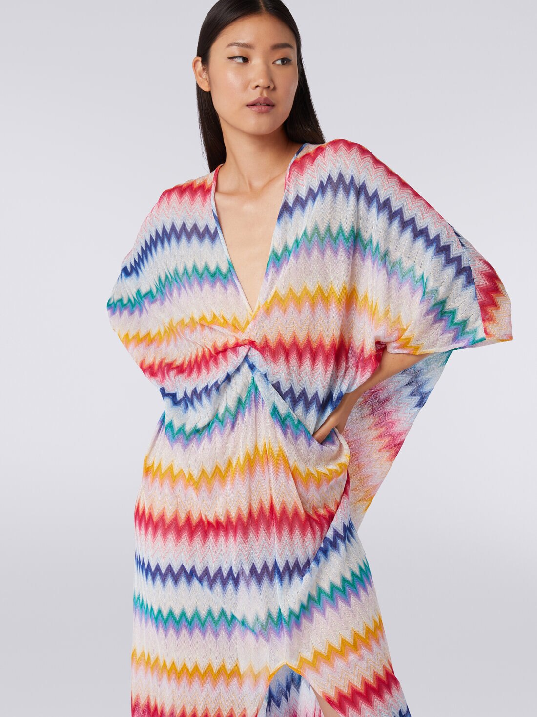 Long cover up kaftan with torchon details and zigzag print, Multicoloured  - MS24SQ12BR00TFSM99G - 4