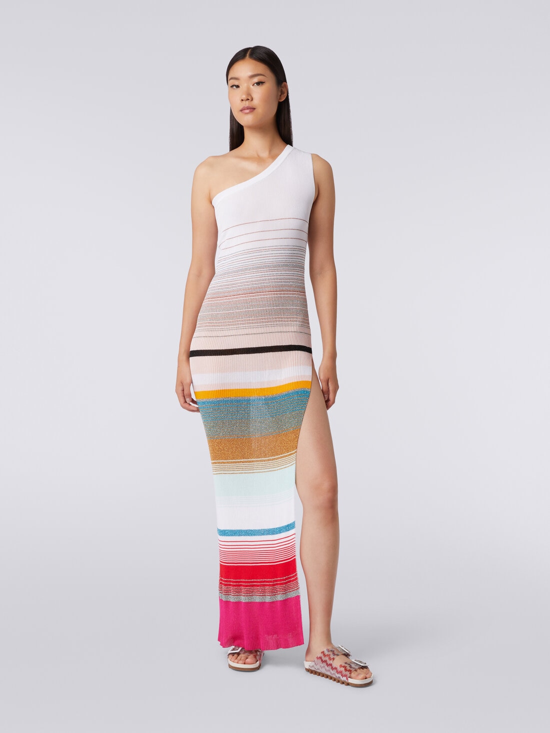 One-shoulder dress in striped ribbed knit with lurex, Multicoloured  - MS24SQ15BT006SSM99M - 1