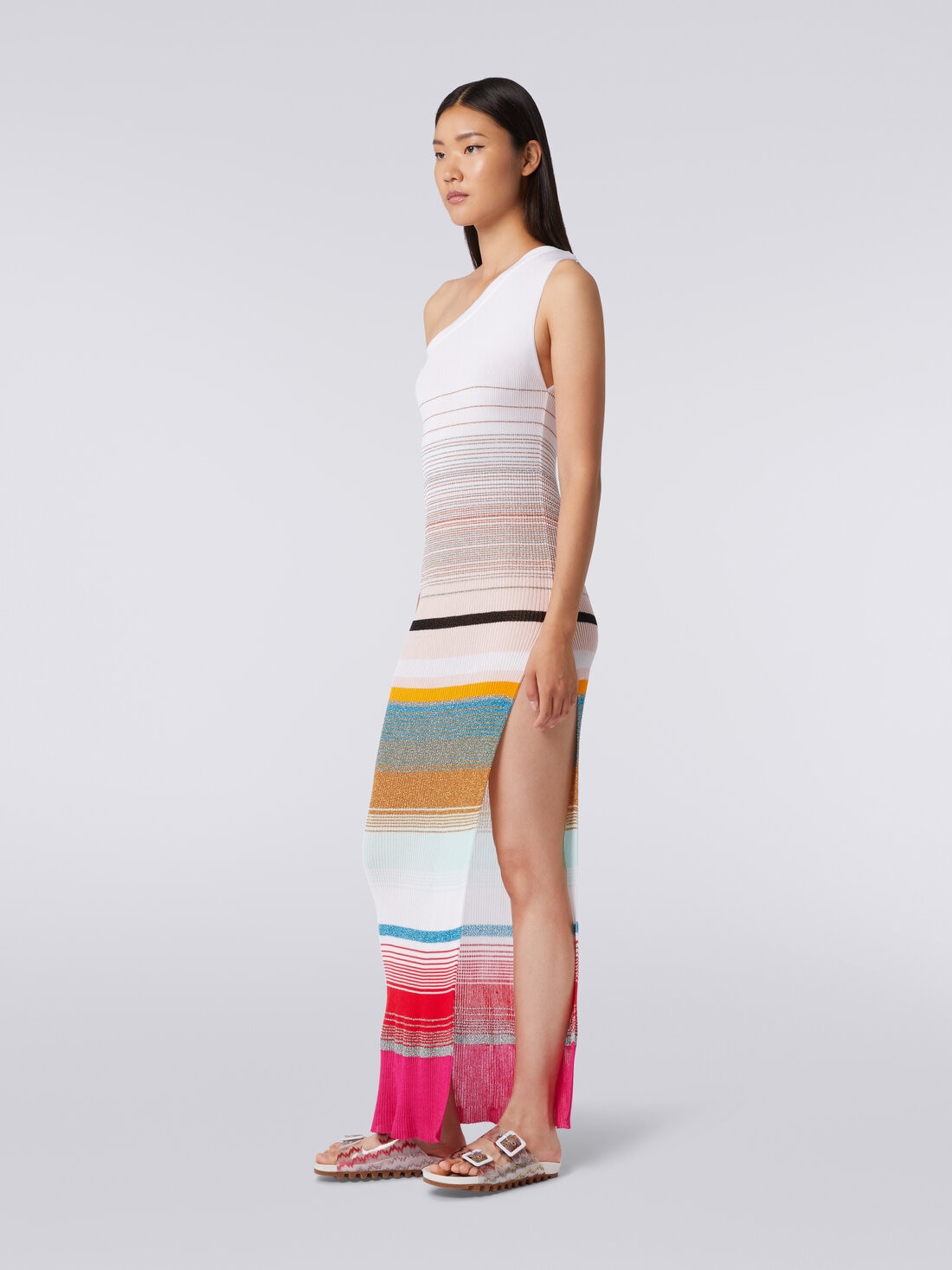 One-shoulder dress in striped ribbed knit with lurex, Multicoloured  - MS24SQ15BT006SSM99M - 2