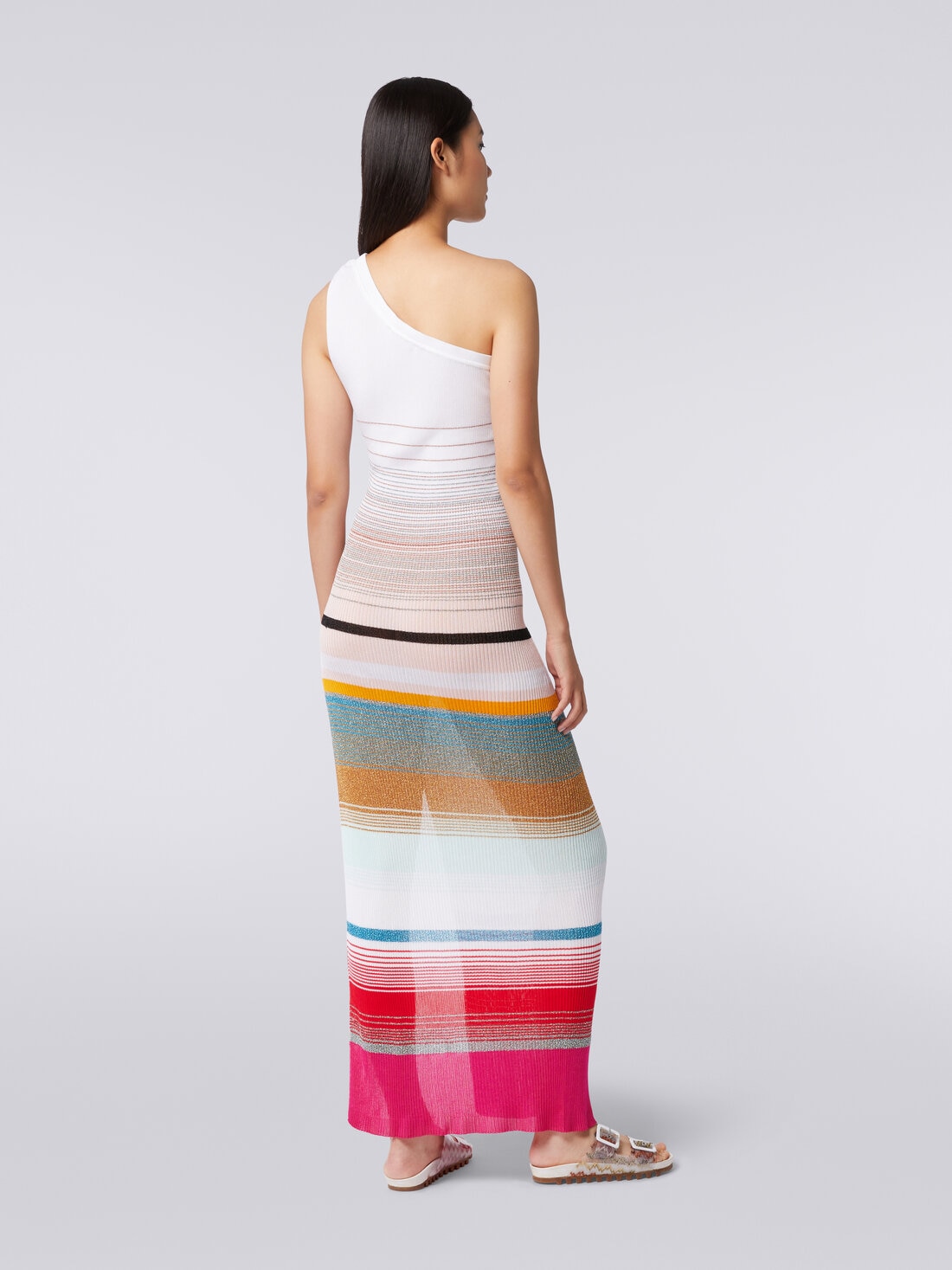 One-shoulder dress in striped ribbed knit with lurex, Multicoloured  - MS24SQ15BT006SSM99M - 3