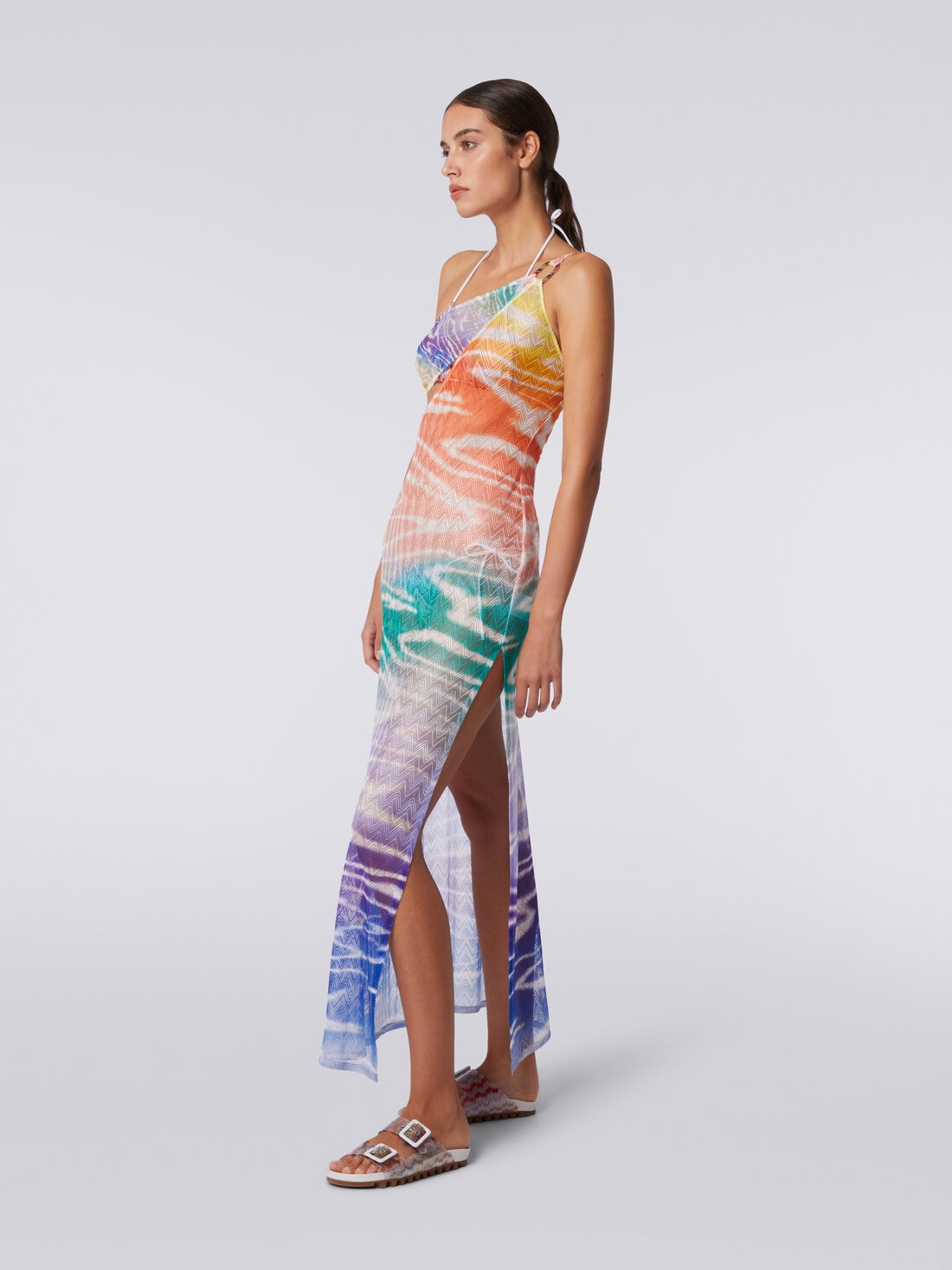 Long one-shoulder tie-dye print cover up dress, Multicoloured  - MS24SQ16BR00XOS72ED - 2