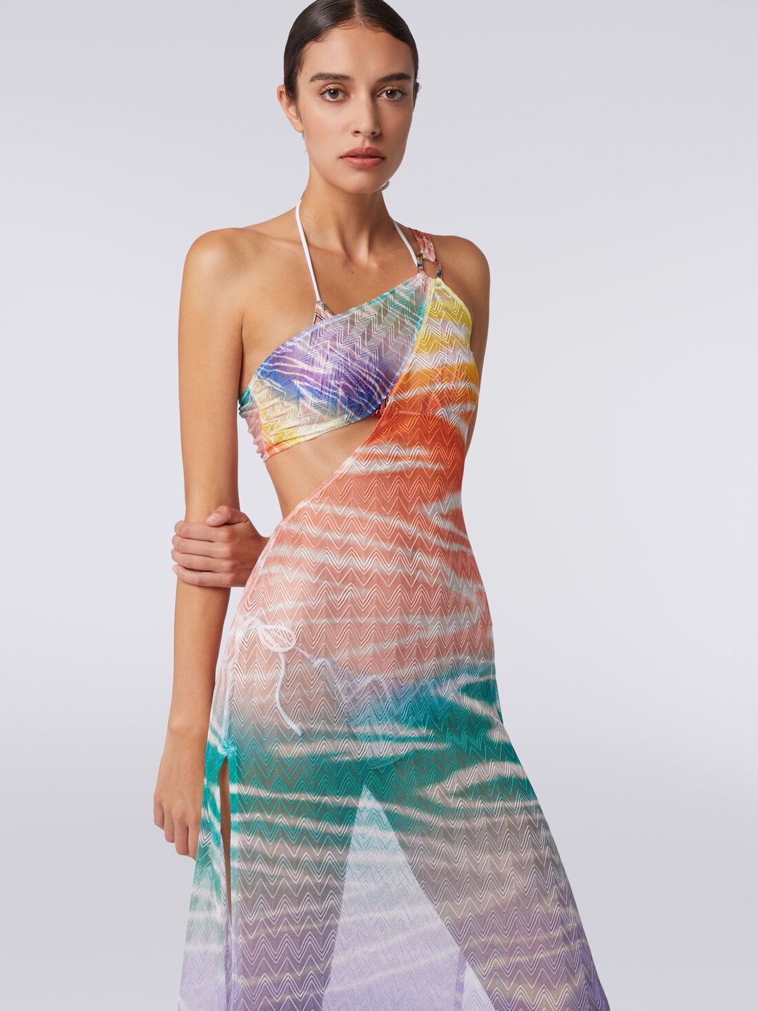 Long one-shoulder tie-dye print cover up dress, Multicoloured  - MS24SQ16BR00XOS72ED - 4