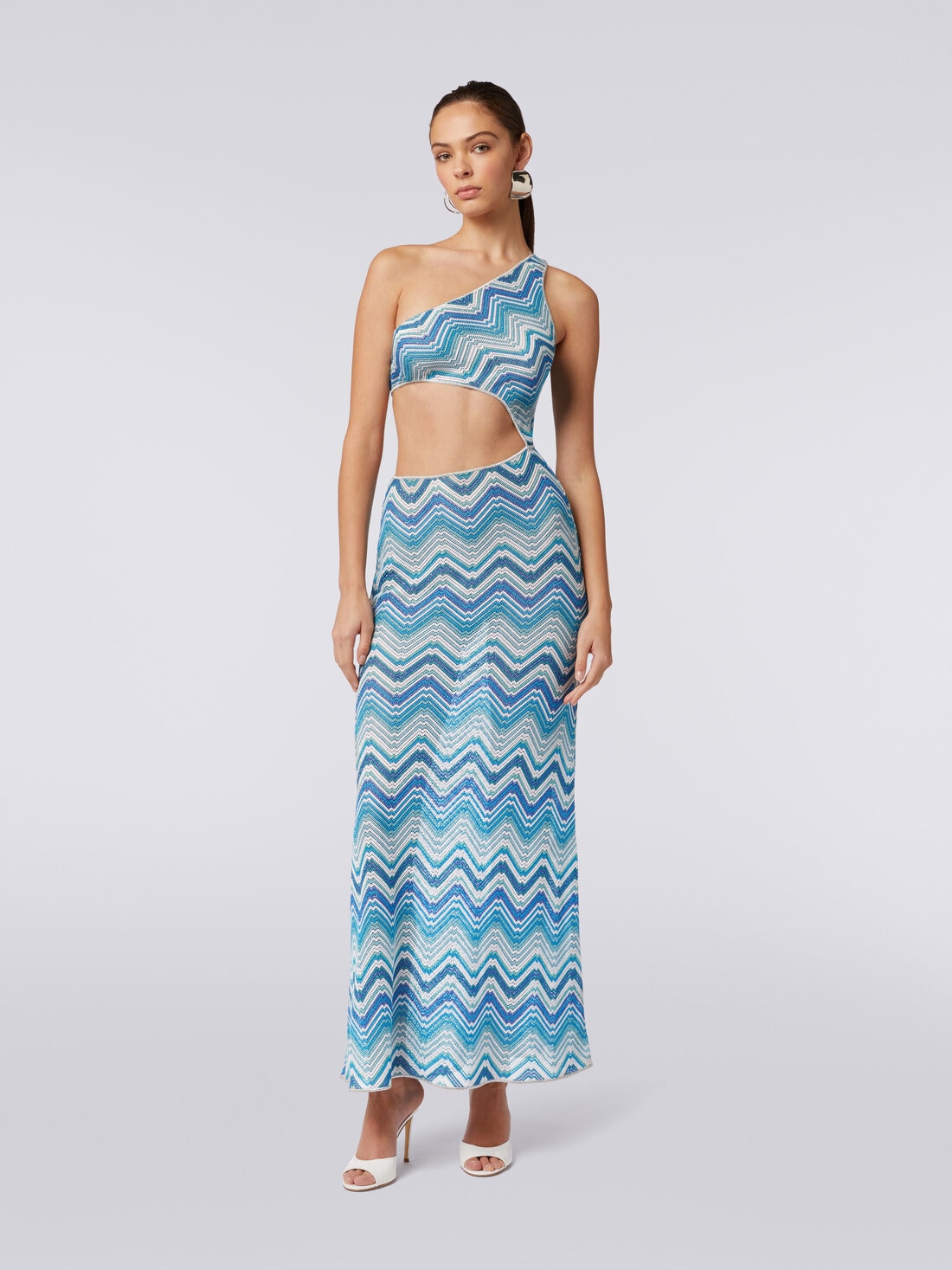 Long chevron crochet cover-up with cut-out and lurex, Blue - MS24SQ1TBR00XKS72G5 - 1