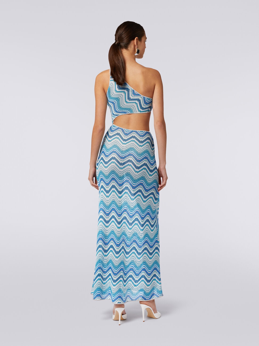 Long chevron crochet cover-up with cut-out and lurex, Blue - MS24SQ1TBR00XKS72G5 - 3