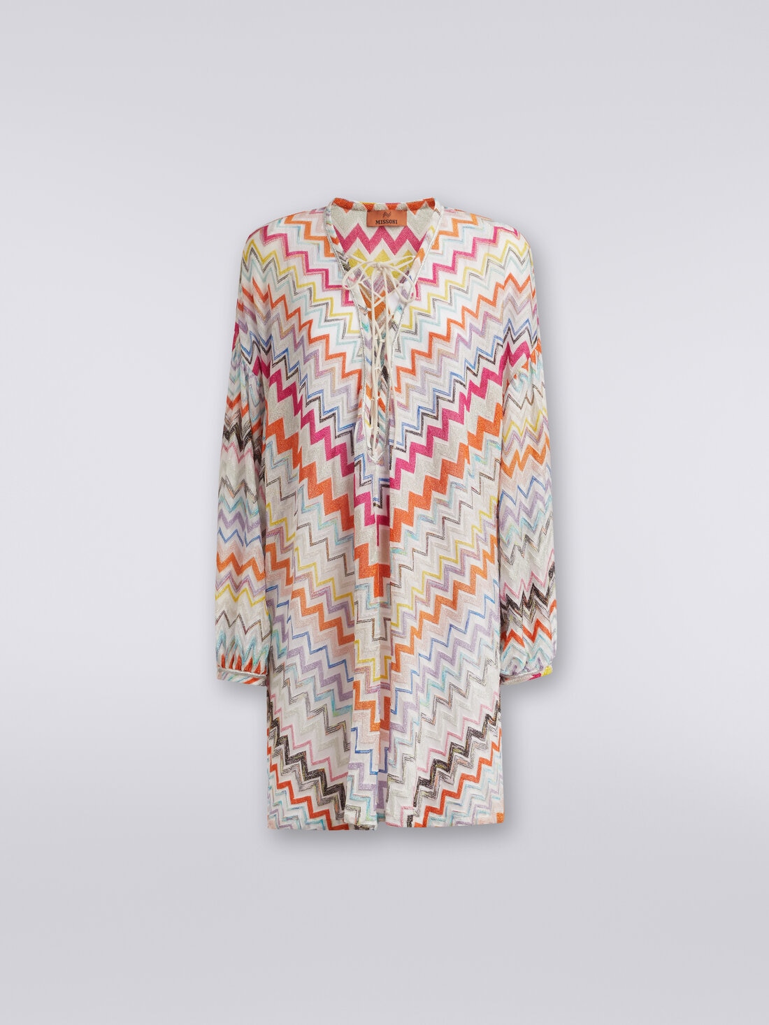 Short cover-up kaftan with zigzag pattern and lurex, Multicoloured  - MS24SQ1VBR00XLSM9DA - 0