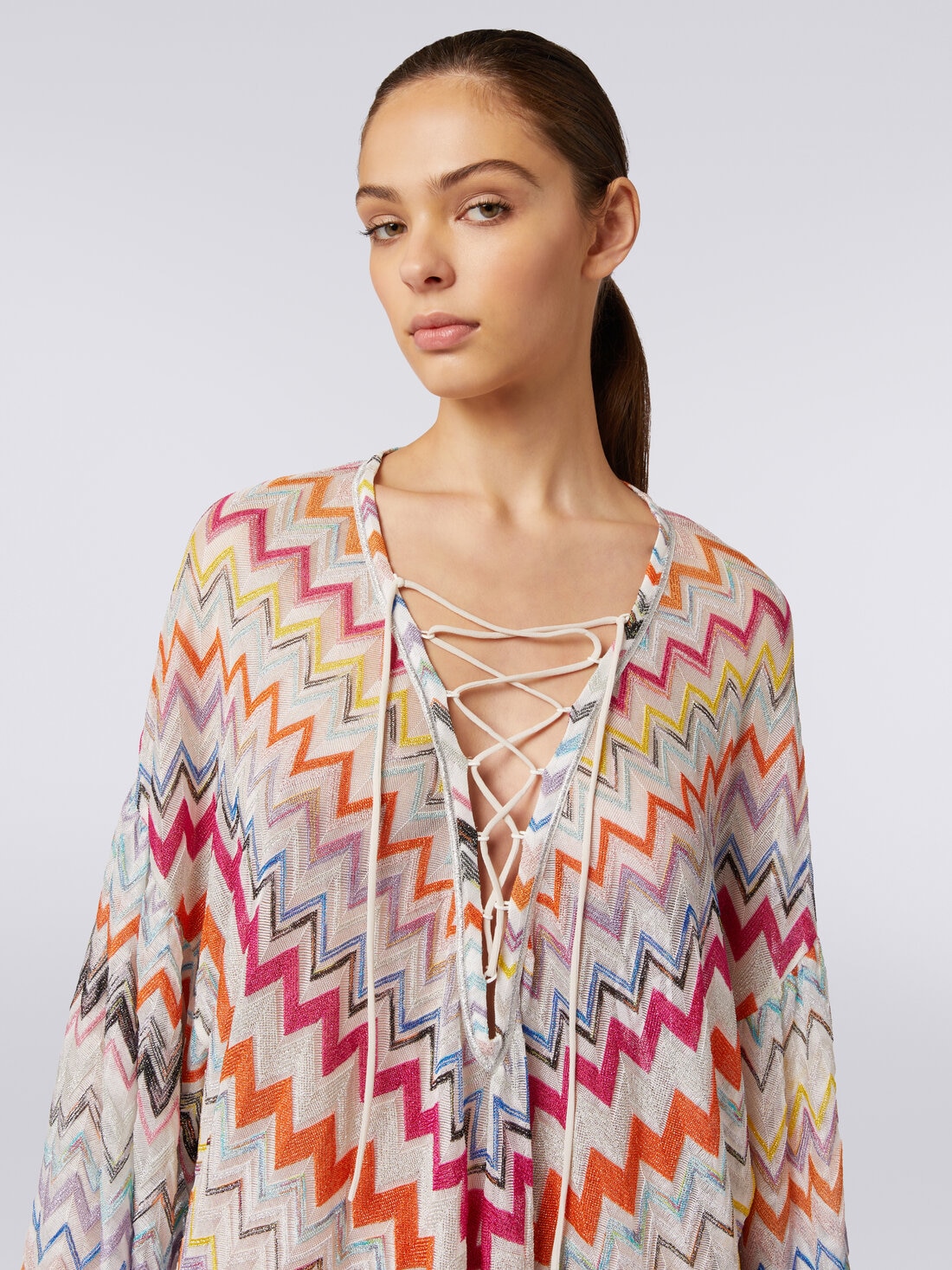Short cover-up kaftan with zigzag pattern and lurex Multicoloured 