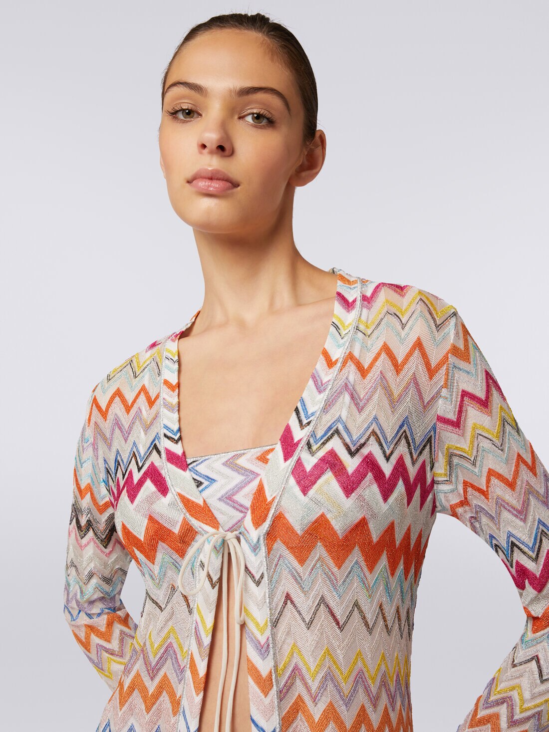 Cardigan copricostume lungo con motivo zig zag e lurex, Multicolore  - MS24SQ1WBR00XLSM9DA - 4