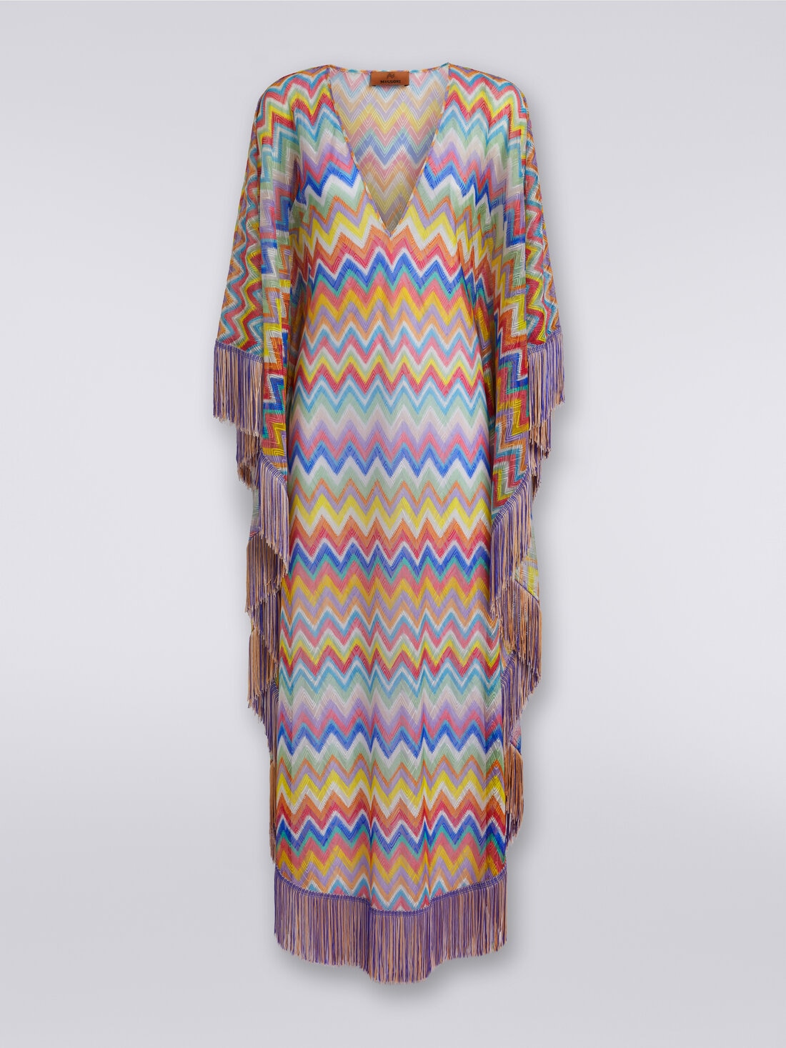 Long cover-up kaftan with zigzag print and fringes, Multicoloured  - MS24SQ2BBR00XPSM9DM - 0