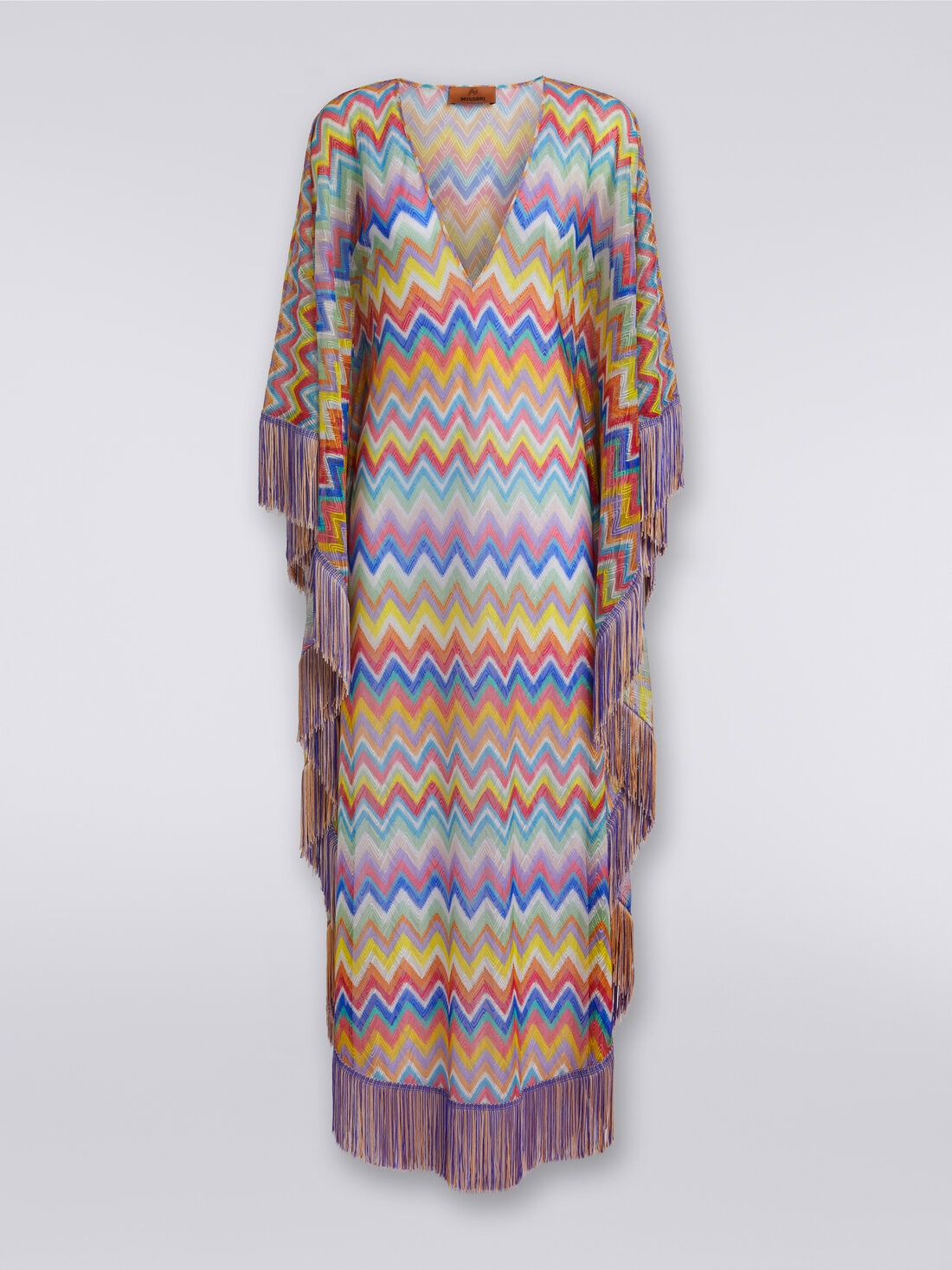 Caftan long avec imprimé à zig -zag avec franges, Multicolore  - MS24SQ2BBR00XPSM9DM - 0