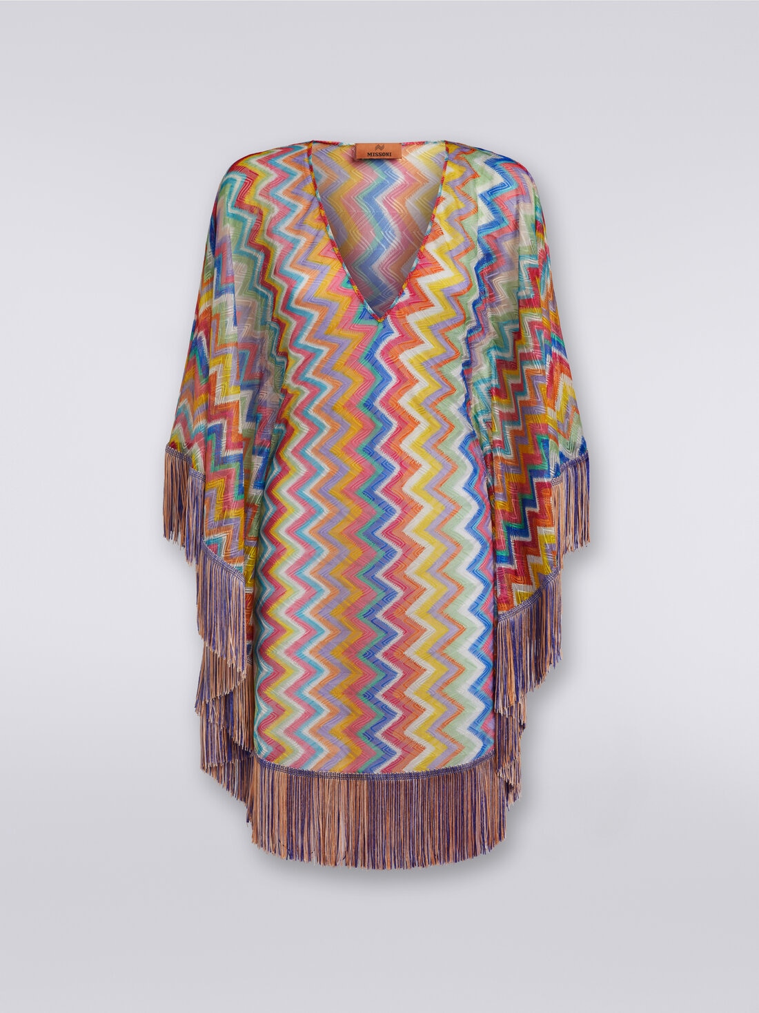 Short cover-up kaftan with zigzag print and fringes, Multicoloured  - MS24SQ2IBR00XPSM9DM - 0
