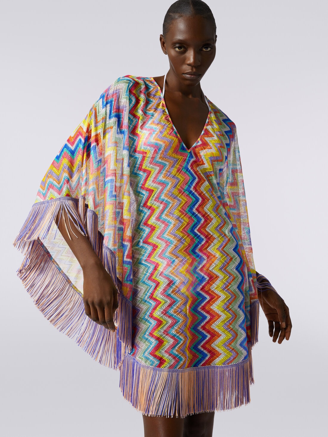 Caftan court à imprimé zig-zag avec franges, Multicolore  - MS24SQ2IBR00XPSM9DM - 4