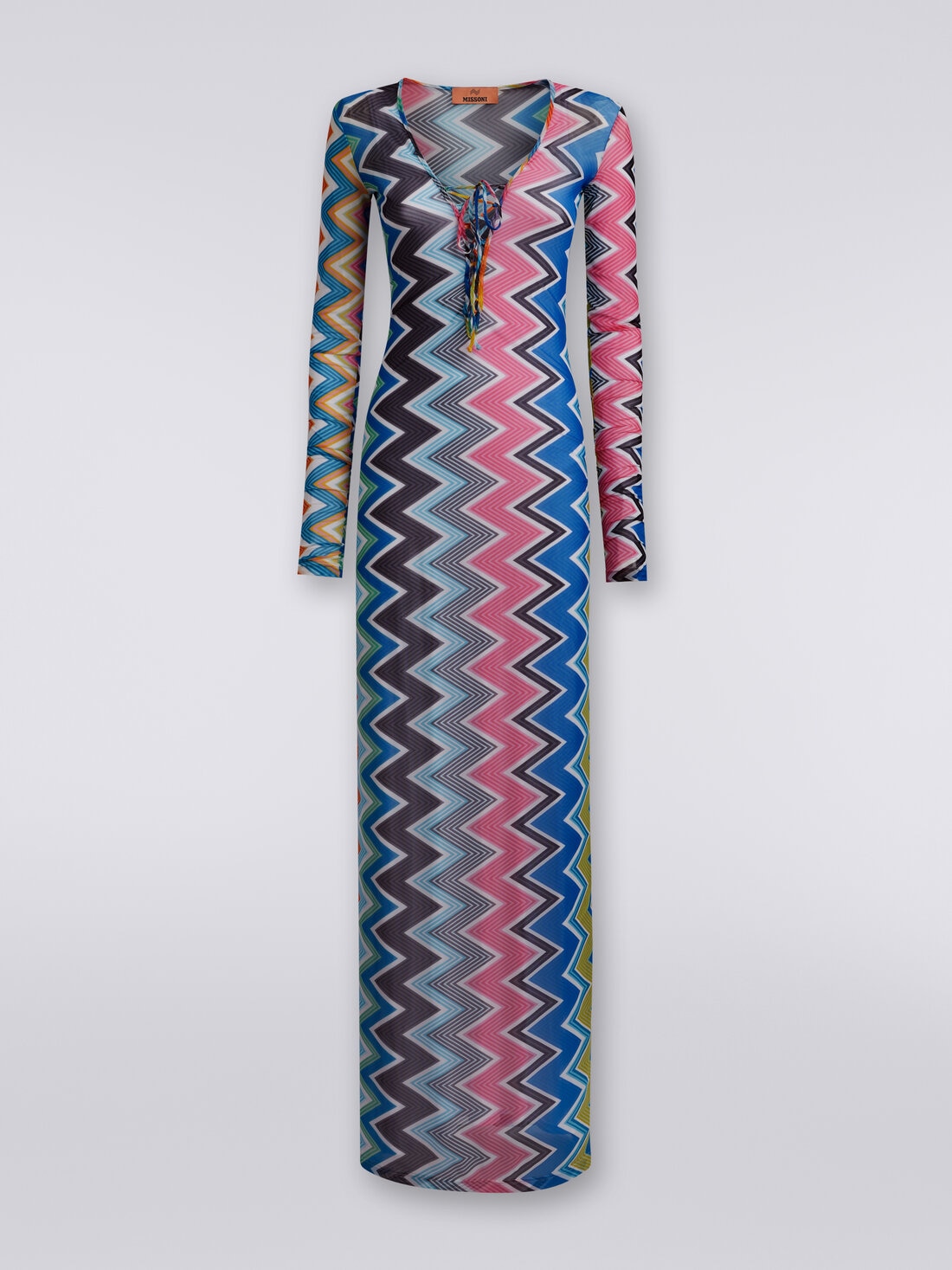 Long cover-up dress in zigzag print tulle, Multicoloured  - MS24SQ2JBJ00K6SM9D7 - 0