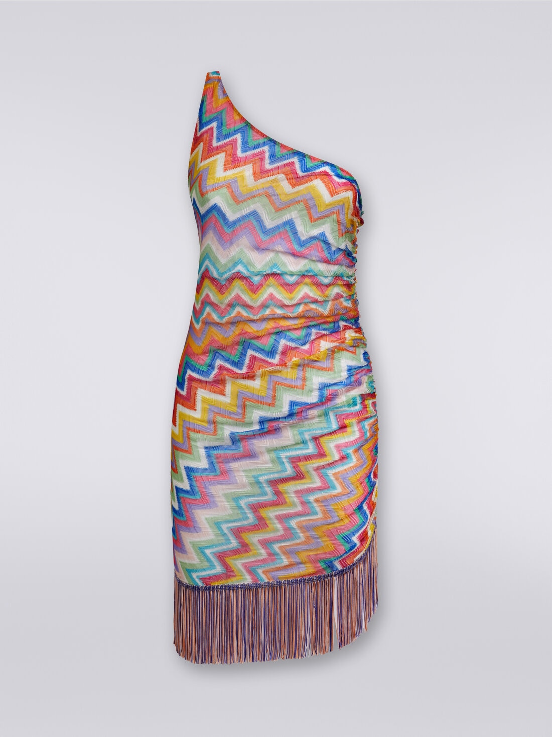 Short one-shoulder cover-up with fringes and side gathers, Multicoloured  - MS24SQ2KBR00XPSM9DM - 0