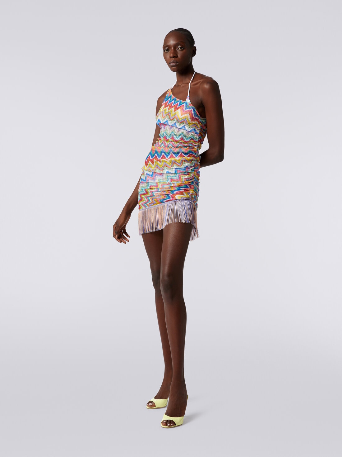 Short one-shoulder cover-up with fringes and side gathers, Multicoloured  - MS24SQ2KBR00XPSM9DM - 2